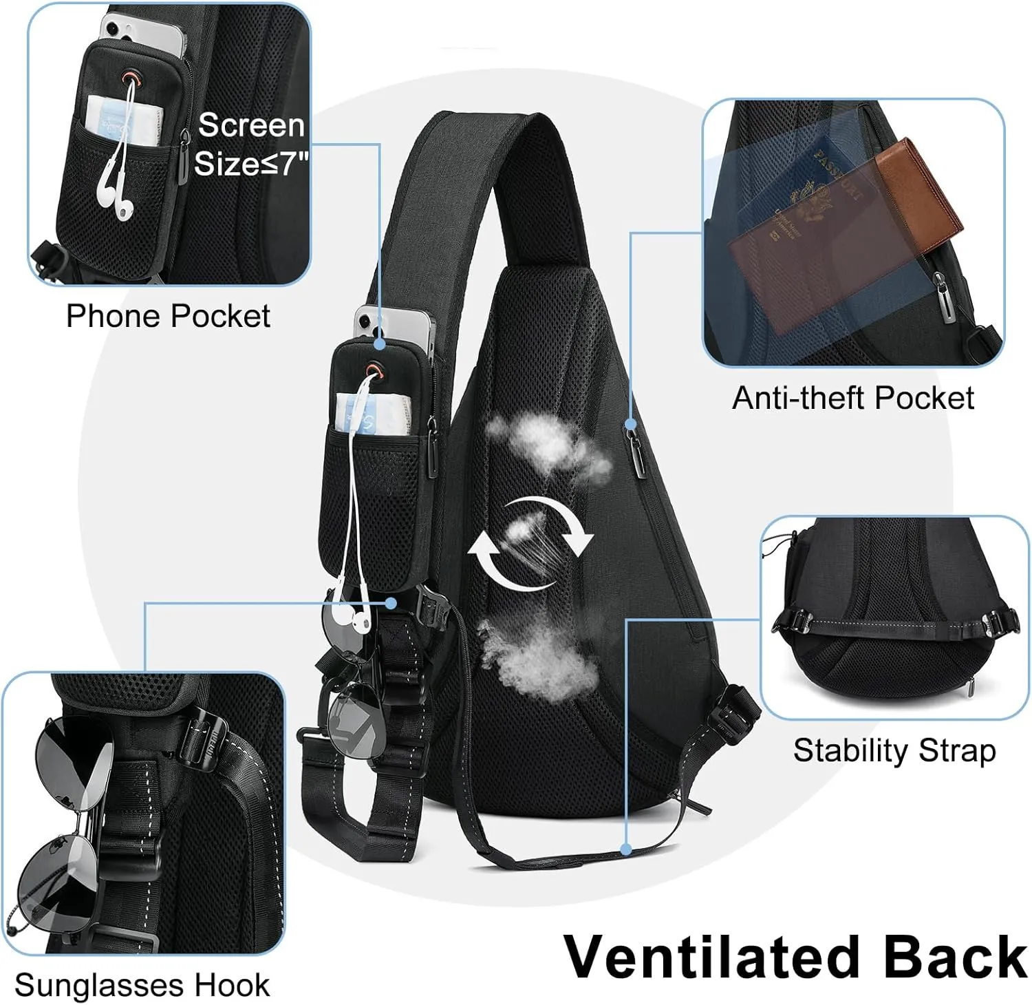 TUDEQU Sling backpack, 8 Pockets Sling Bag Crossbody, 19L Large Sling Bag for Men Travel Crossbody Backpack Hiking Outdoor