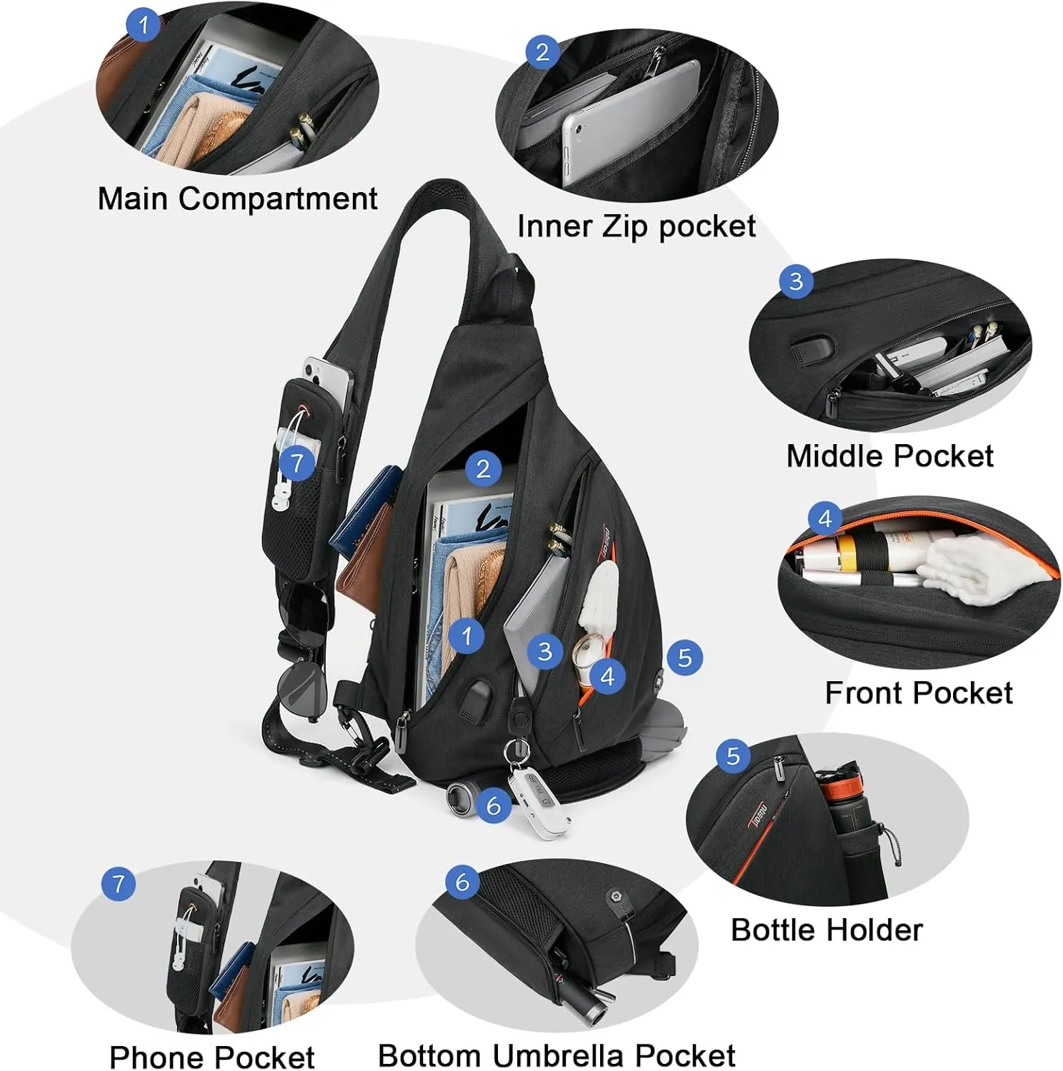 TUDEQU Sling backpack, 8 Pockets Sling Bag Crossbody, 19L Large Sling Bag for Men Travel Crossbody Backpack Hiking Outdoor