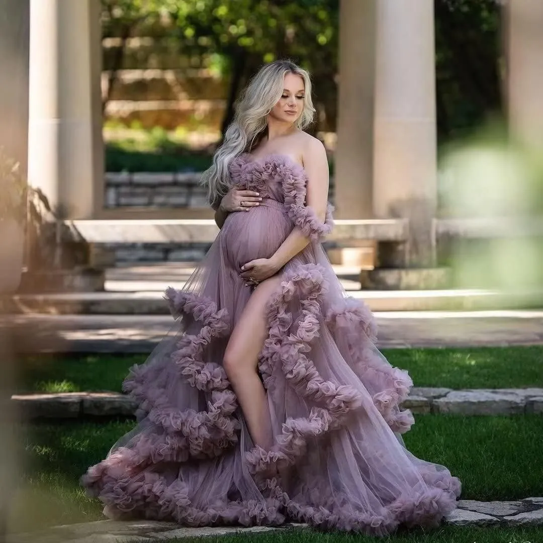 Tulle Maternity Maxi Dress for Photoshoot Puffy Ruffles Baby Shower Dress Long Pregnancy Photography Gowns for Women