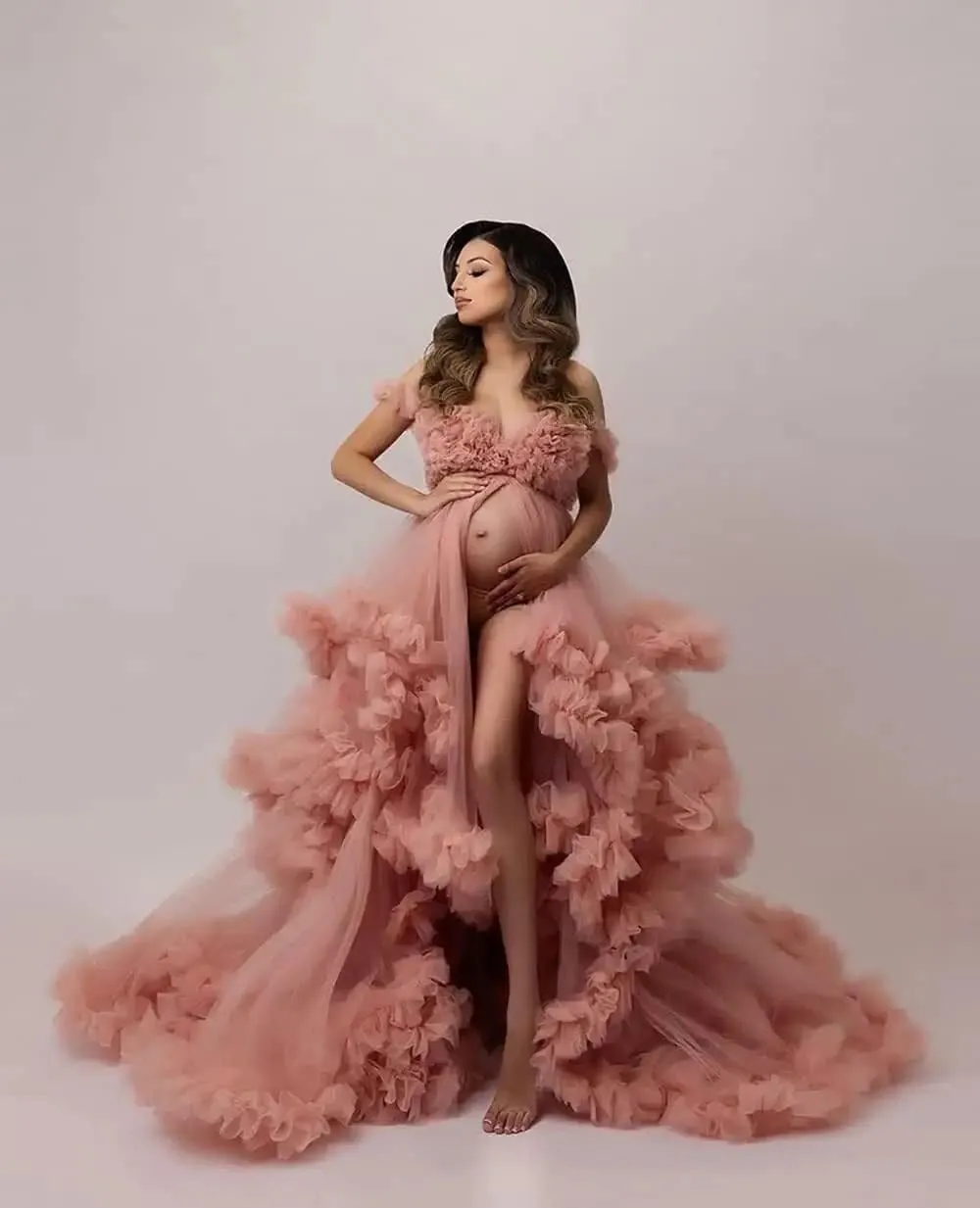 Tulle Maternity Maxi Dress for Photoshoot Puffy Ruffles Baby Shower Dress Long Pregnancy Photography Gowns for Women