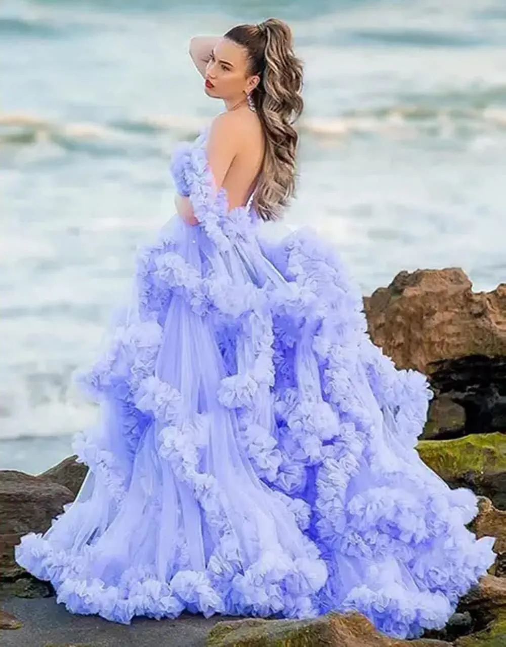 Tulle Maternity Maxi Dress for Photoshoot Puffy Ruffles Baby Shower Dress Long Pregnancy Photography Gowns for Women
