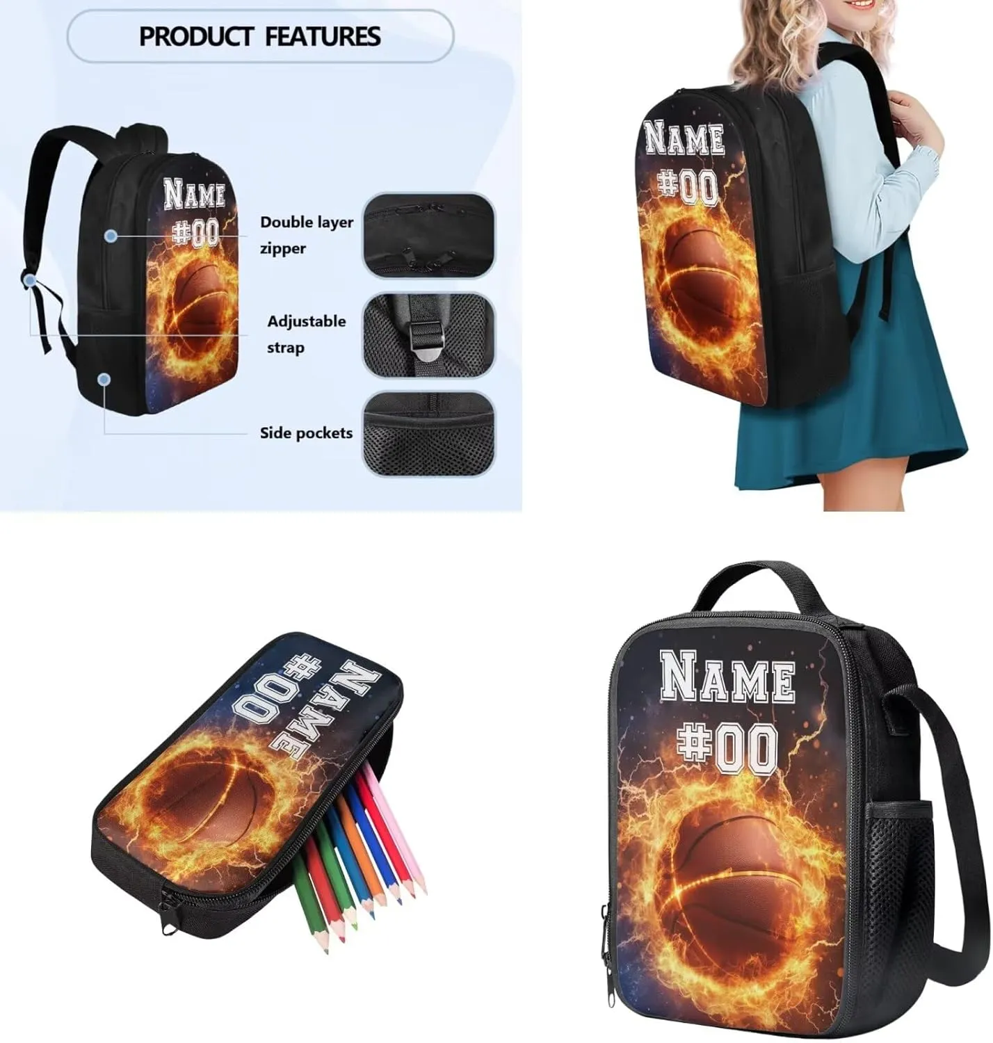 Tuoxiukan Custom Basketball School Backpack For Boys 8-12 Personalized Girls Backpack with Lunchbox Pen Bag 3Pcs Kids Girls Bookbag Ages 10-14 Lightweight Schoolbag Reusable Lunch Bag Pen Case