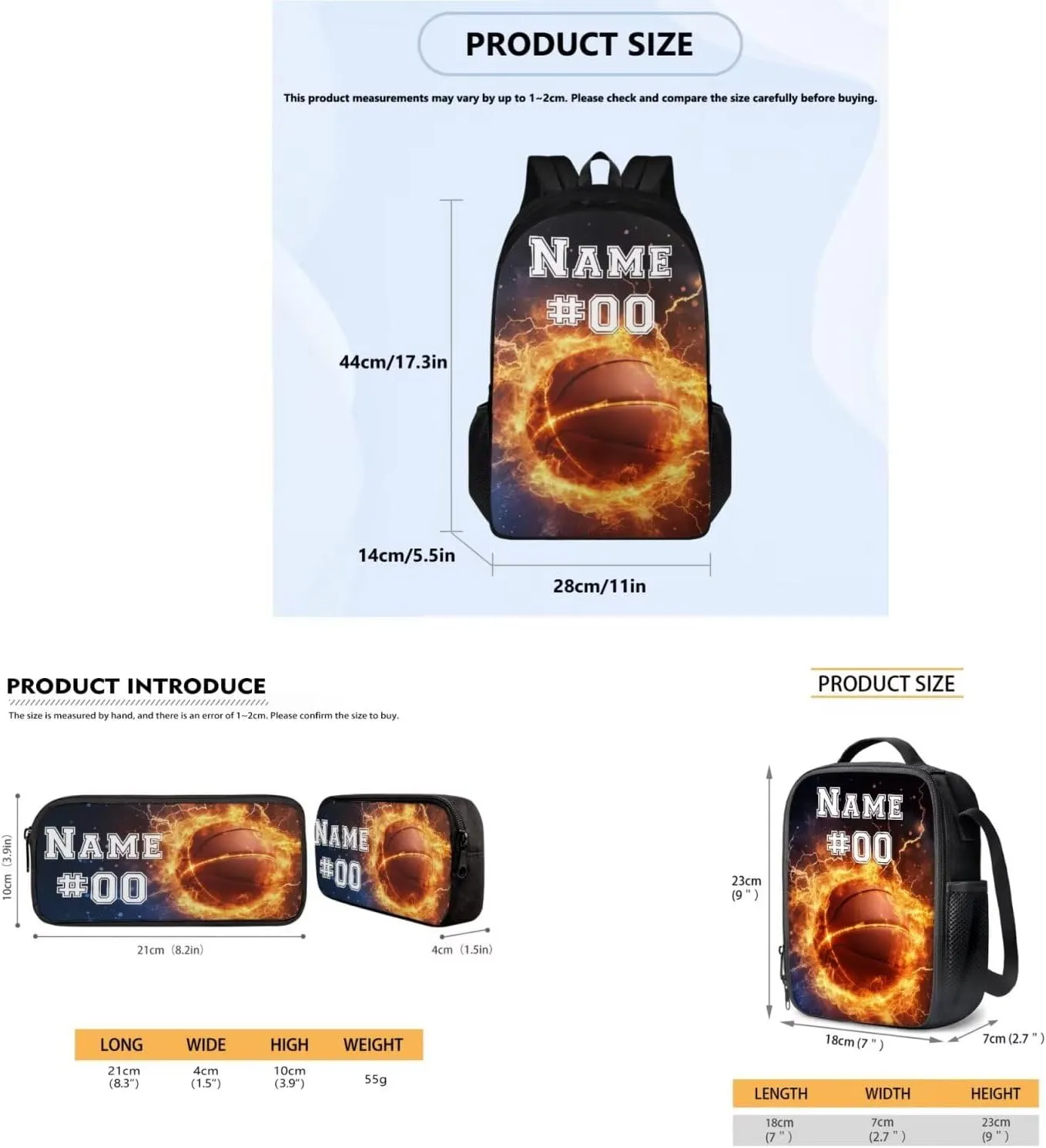 Tuoxiukan Custom Basketball School Backpack For Boys 8-12 Personalized Girls Backpack with Lunchbox Pen Bag 3Pcs Kids Girls Bookbag Ages 10-14 Lightweight Schoolbag Reusable Lunch Bag Pen Case