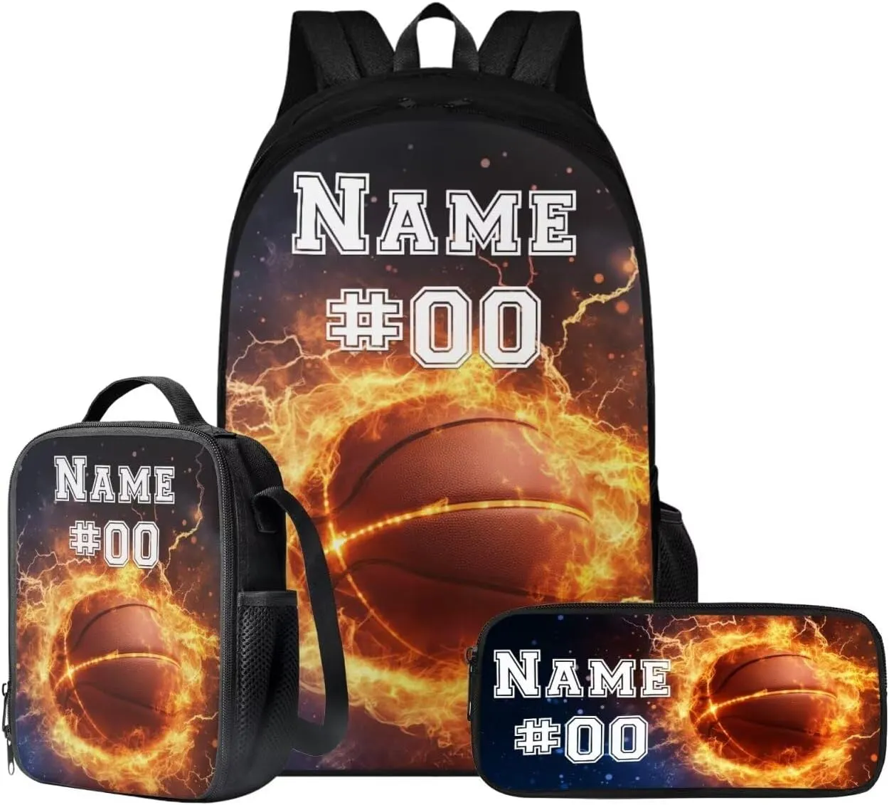 Tuoxiukan Custom Basketball School Backpack For Boys 8-12 Personalized Girls Backpack with Lunchbox Pen Bag 3Pcs Kids Girls Bookbag Ages 10-14 Lightweight Schoolbag Reusable Lunch Bag Pen Case