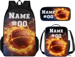 Tuoxiukan Custom Basketball School Backpack For Boys 8-12 Personalized Girls Backpack with Lunchbox Pen Bag 3Pcs Kids Girls Bookbag Ages 10-14 Lightweight Schoolbag Reusable Lunch Bag Pen Case