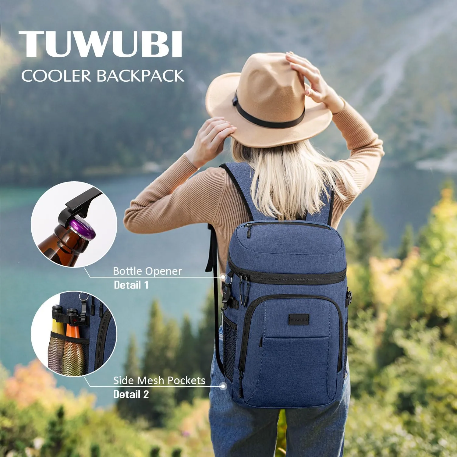 Tuwubi Cooler Backpack 35/42 Cans, Backpack Coolers Insulated Leak Proof for Men Women, Waterproof Soft Sided Lunch Camping Beach Travel Ice Chest Backpack Cooler Bag