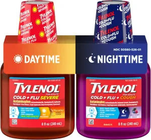 Tylenol Cold   Flu Severe Daytime & Nighttime Liquid Cough Medicine with Acetaminophen Pain Reliever & Fever Reducer, Nasal Decongestant & Antihistamine, Value Pack, 2 ct. of 8 fl. oz