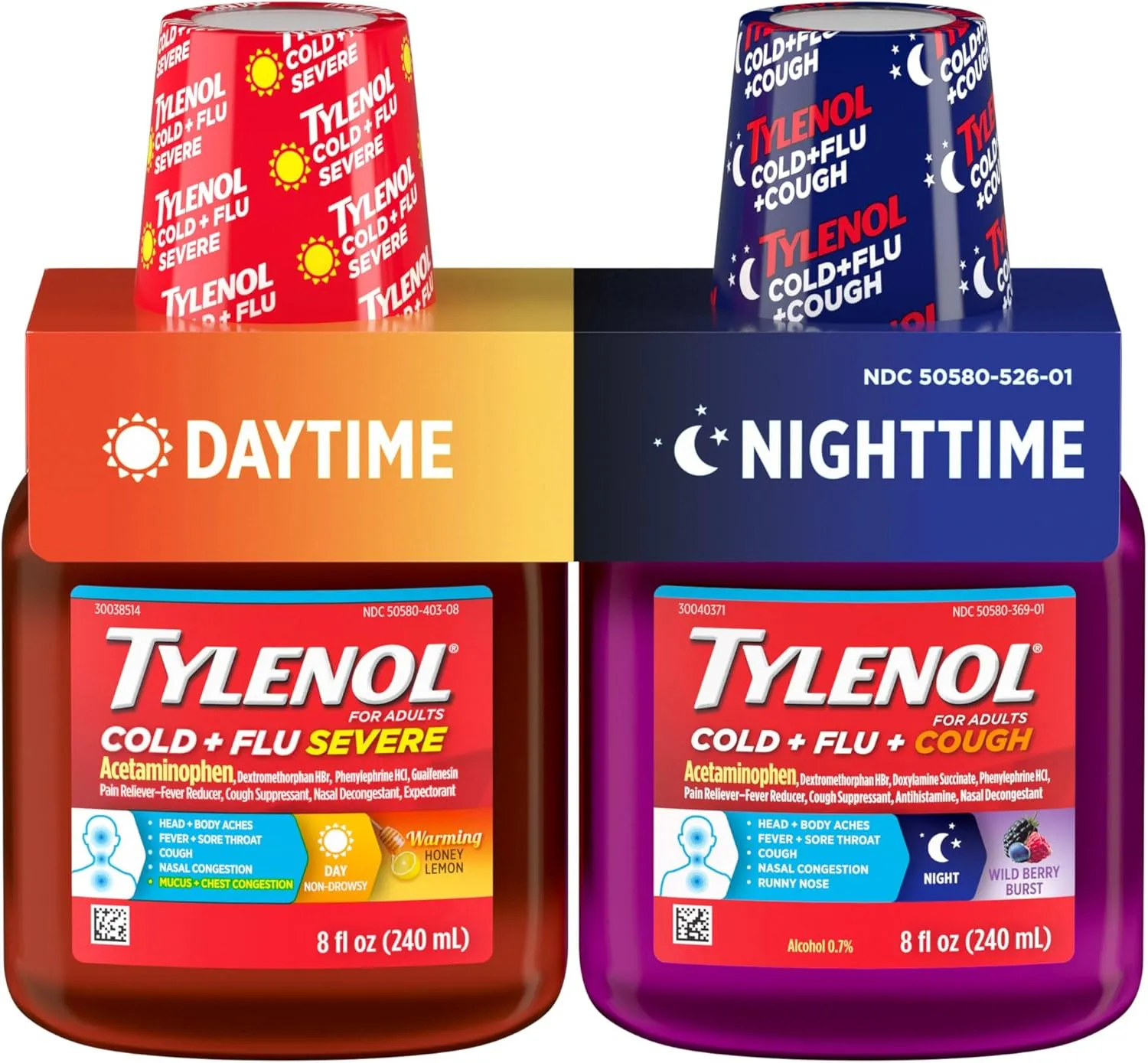 Tylenol Cold   Flu Severe Daytime & Nighttime Liquid Cough Medicine with Acetaminophen Pain Reliever & Fever Reducer, Nasal Decongestant & Antihistamine, Value Pack, 2 ct. of 8 fl. oz