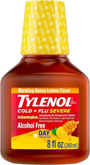 Tylenol Cold   Flu Severe Medicine w/Acetaminophen, DextromethorphanHBr, Guaifenesin, PhenylephrineHCI, Liquid Daytime Cold/Fever & Chest Congestion Relief, Warming Honey Lemon, 8 Fl. Oz