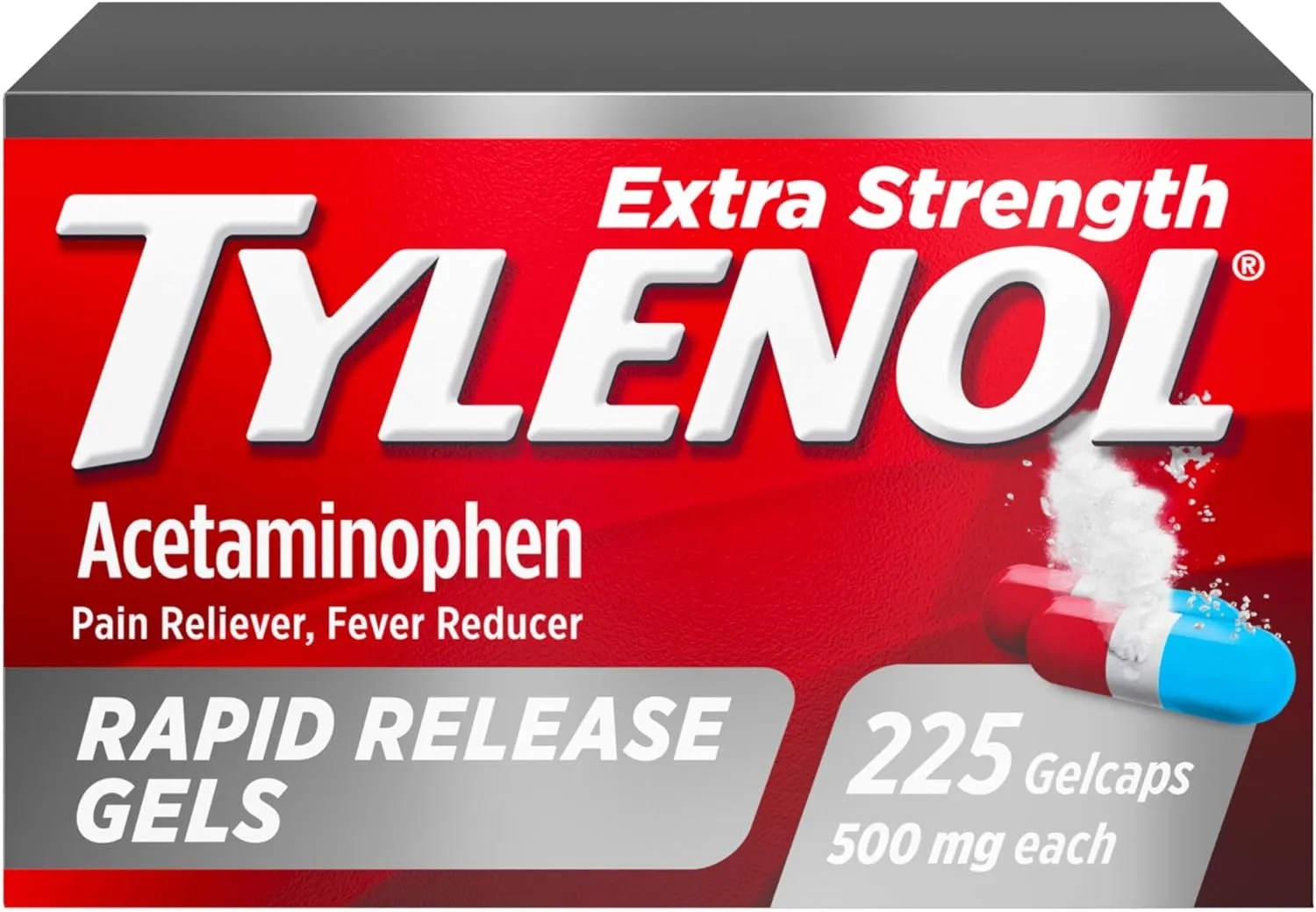 Tylenol Extra Strength Acetaminophen Rapid Release Gels, Extra Strength Pain Reliever & Fever Reducer, Gelcaps with Laser-Drilled Holes, 500 mg Acetaminophen, 225 ct