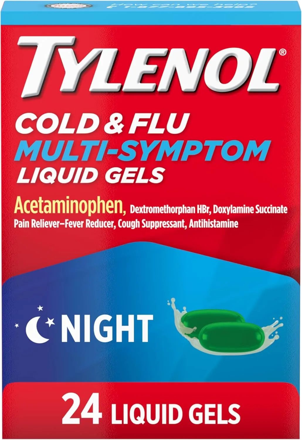 Tylenol Nighttime Cold & Flu Multi-Symptom Liquid Gels, Adult Cold & Flu Relief Medicine, Pain Reliever & Fever Reducer   Cough Suppressant & Antihistamine, 24 ct