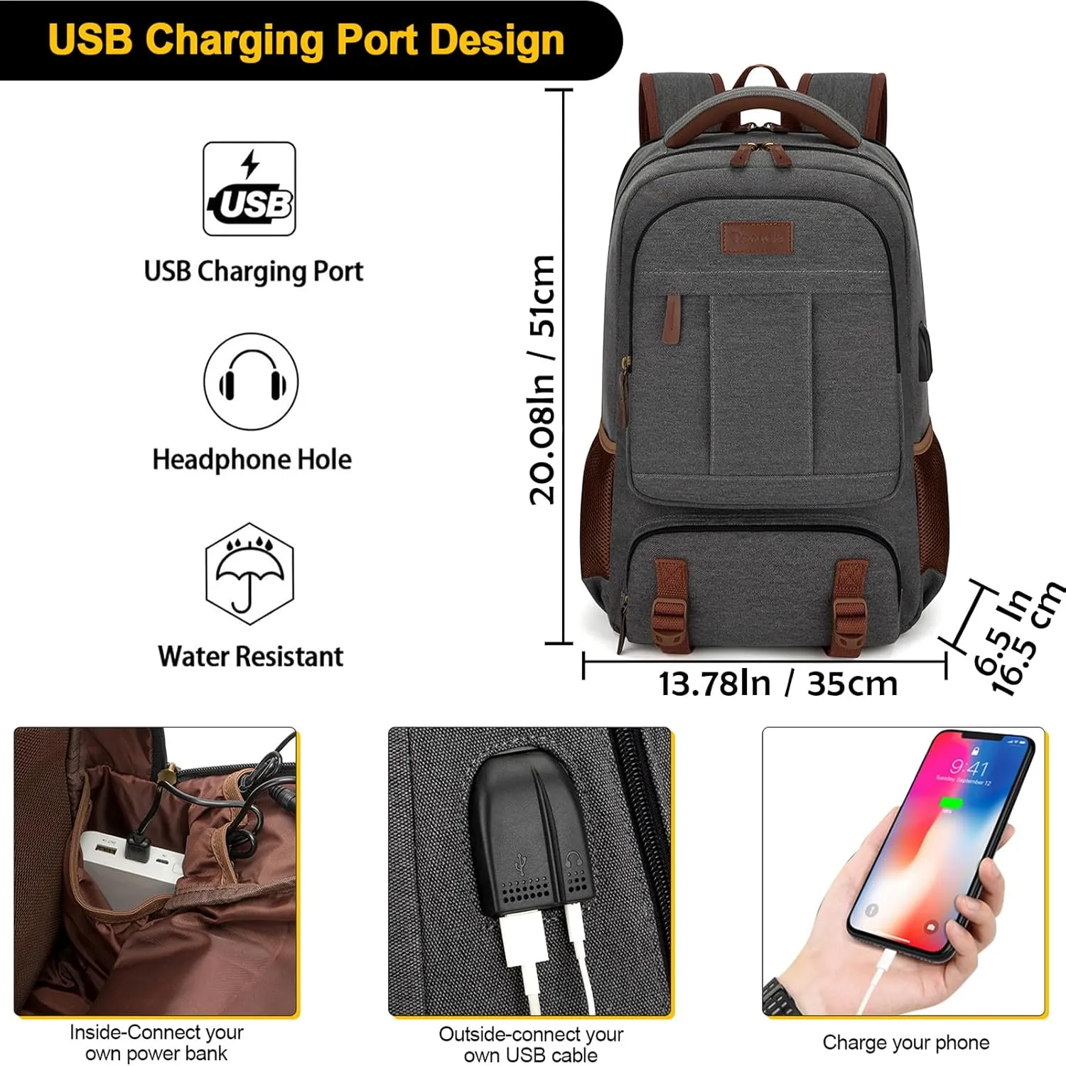 Tzowla Canvas Laptop Backpack, Bag for Men Women,Travel Work Rucksack Fits 17.3 Inch Laptop, Bookbag with USB Charging Port
