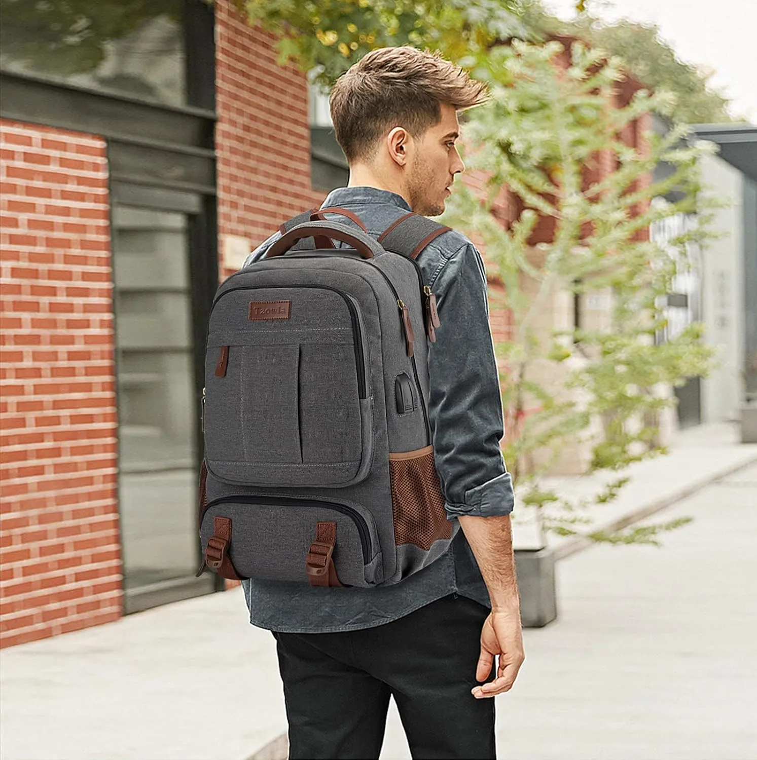 Tzowla Canvas Laptop Backpack, Bag for Men Women,Travel Work Rucksack Fits 17.3 Inch Laptop, Bookbag with USB Charging Port