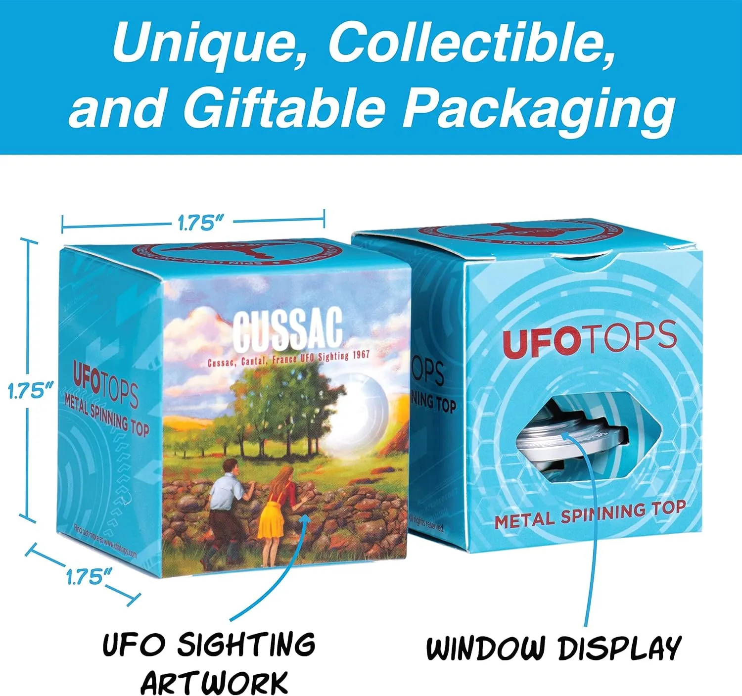 UFO Tops - Cussac - Metal Spinning Top - Inspired by The Documented 1967 UFO Sighting in Cussac, France (Psychedelic Steel)