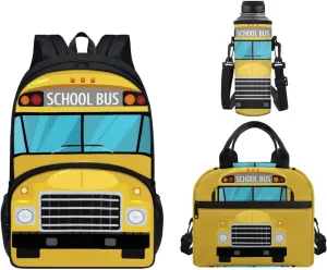 UNICEU School Bus Cartoon Pattern Kids Fashion Backpack Set 3 in 1 Large School Bookbag for Elementary Preschool Bookbags with Thermal Lunch Handbag and Water Bottle Sleeve