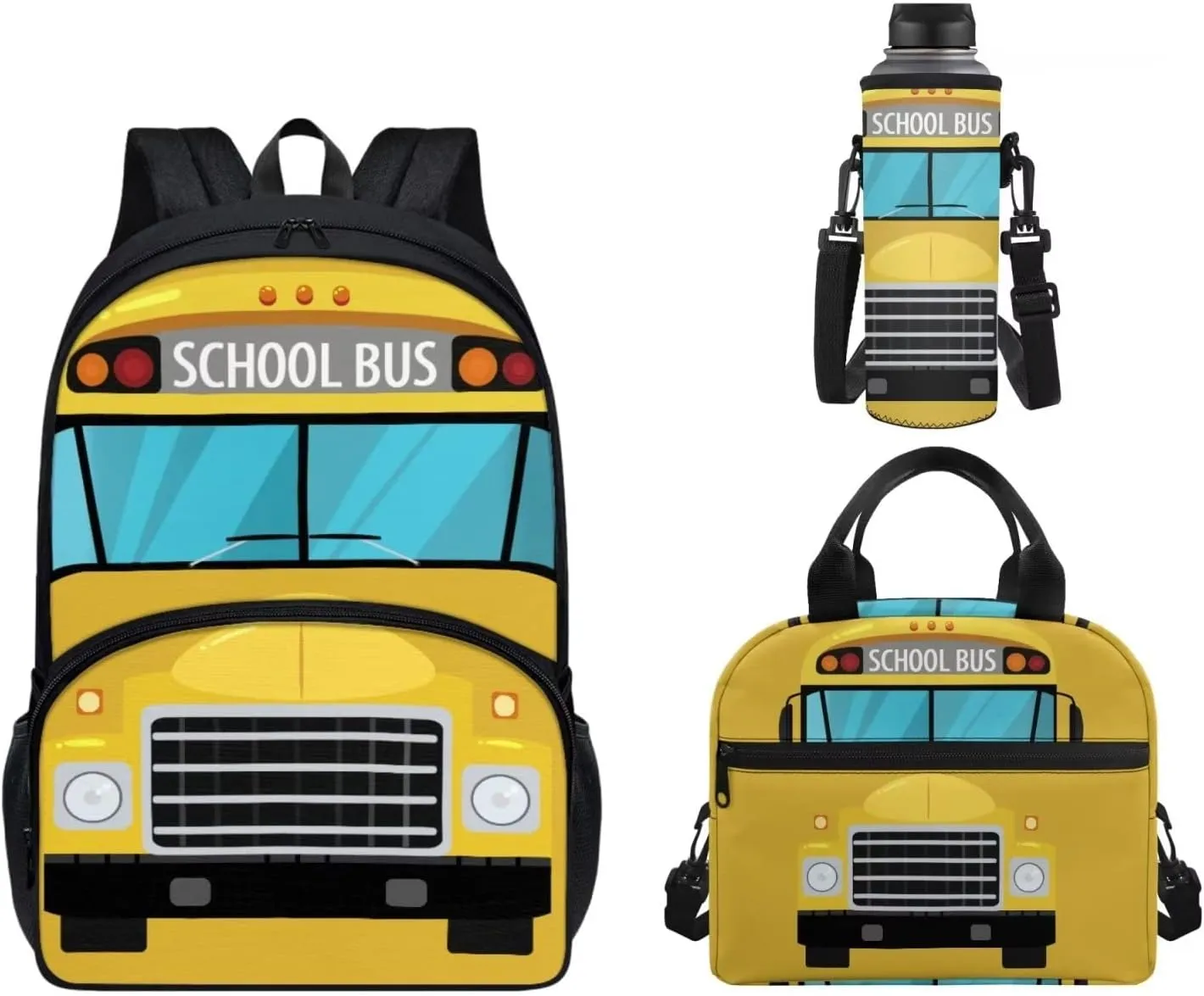UNICEU School Bus Cartoon Pattern Kids Fashion Backpack Set 3 in 1 Large School Bookbag for Elementary Preschool Bookbags with Thermal Lunch Handbag and Water Bottle Sleeve