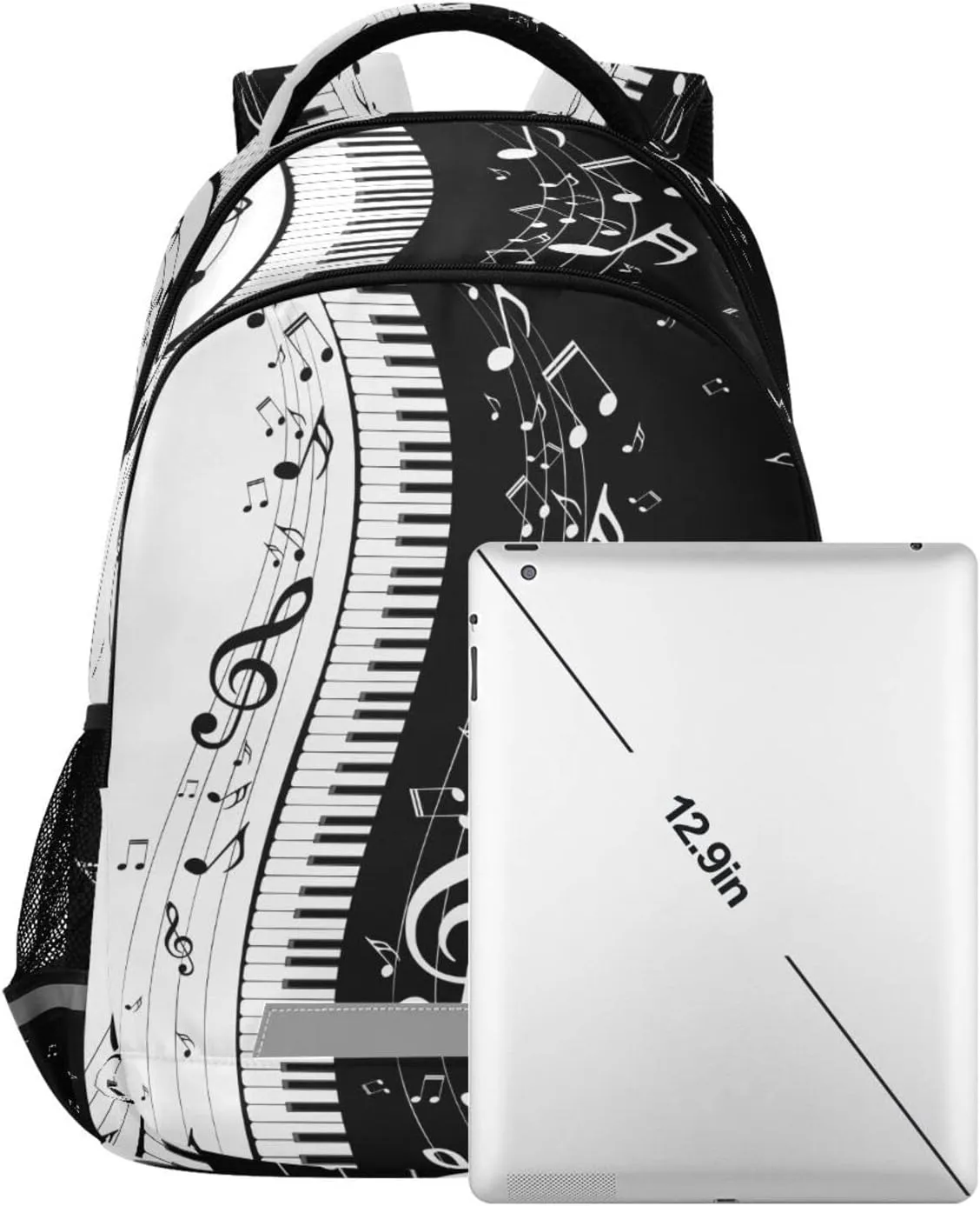 Unique Piano Music Note Backpack, Musical Theme Casual Daypack Laptop Backpack Outdoor Sports Shoulder Bag Safe Reflective Stripes