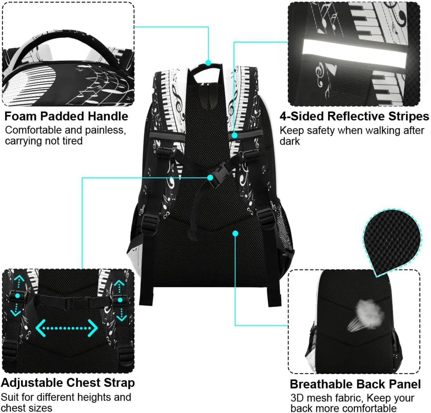 Unique Piano Music Note Backpack, Musical Theme Casual Daypack Laptop Backpack Outdoor Sports Shoulder Bag Safe Reflective Stripes