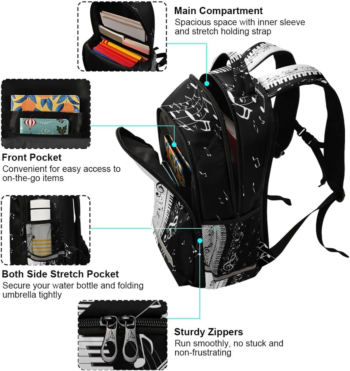 Unique Piano Music Note Backpack, Musical Theme Casual Daypack Laptop Backpack Outdoor Sports Shoulder Bag Safe Reflective Stripes