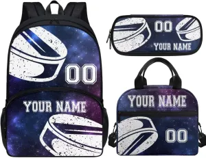 Unisex Kid's Hockey Blue Galaxy Star Backpack with Lunch Bag Set of 3 Waterproof Laptop Backpack for Men Women Kid Girl Boy Personalized Travel Bookbag School Pen Bags Schoolbag Schoolbag