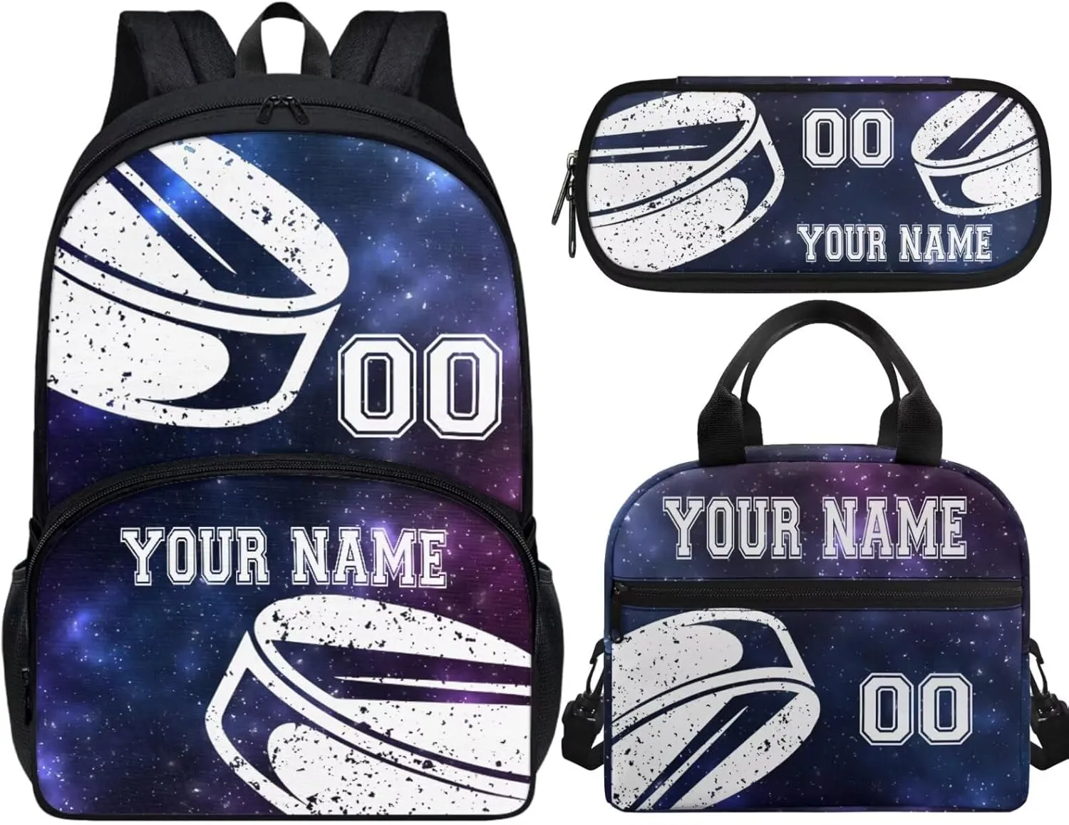 Unisex Kid's Hockey Blue Galaxy Star Backpack with Lunch Bag Set of 3 Waterproof Laptop Backpack for Men Women Kid Girl Boy Personalized Travel Bookbag School Pen Bags Schoolbag Schoolbag