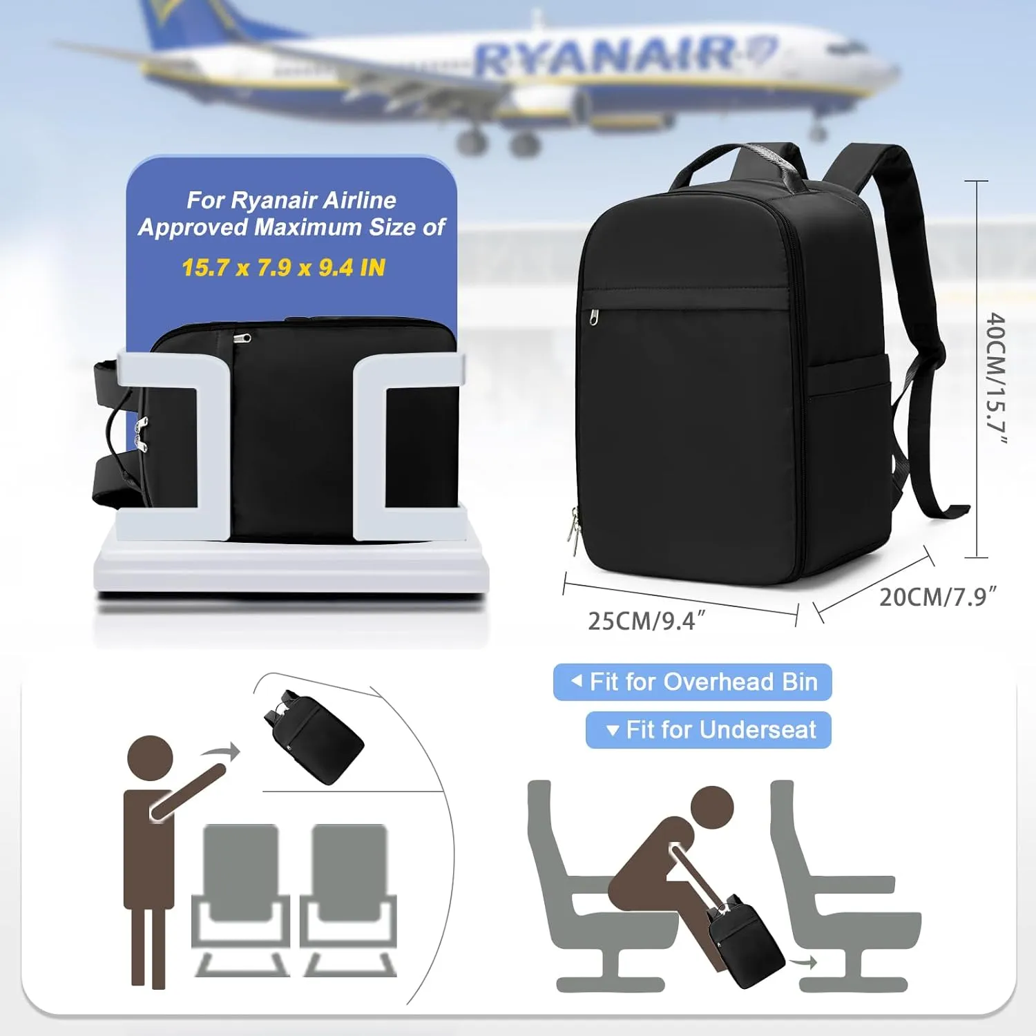 United Airlines Approved Personal Item Travel Bag, Underseat 20L Carry on Backpack, Waterproof Cabin Luggage Bag, mochila de viaje, Frontier Airlines Personal Item Bag, black