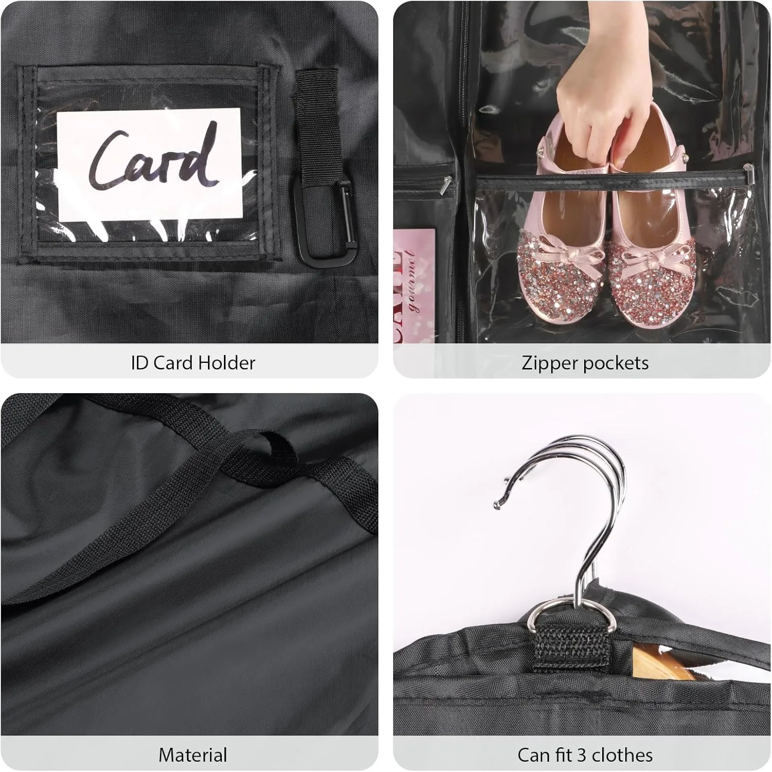 Univivi Dance Costume Garment Bag, 40" Waterproof Hanging Bag for Travel, Kids Clothes Bag With 5 Clear Pockets and Handles for Costumes and Sports, Black