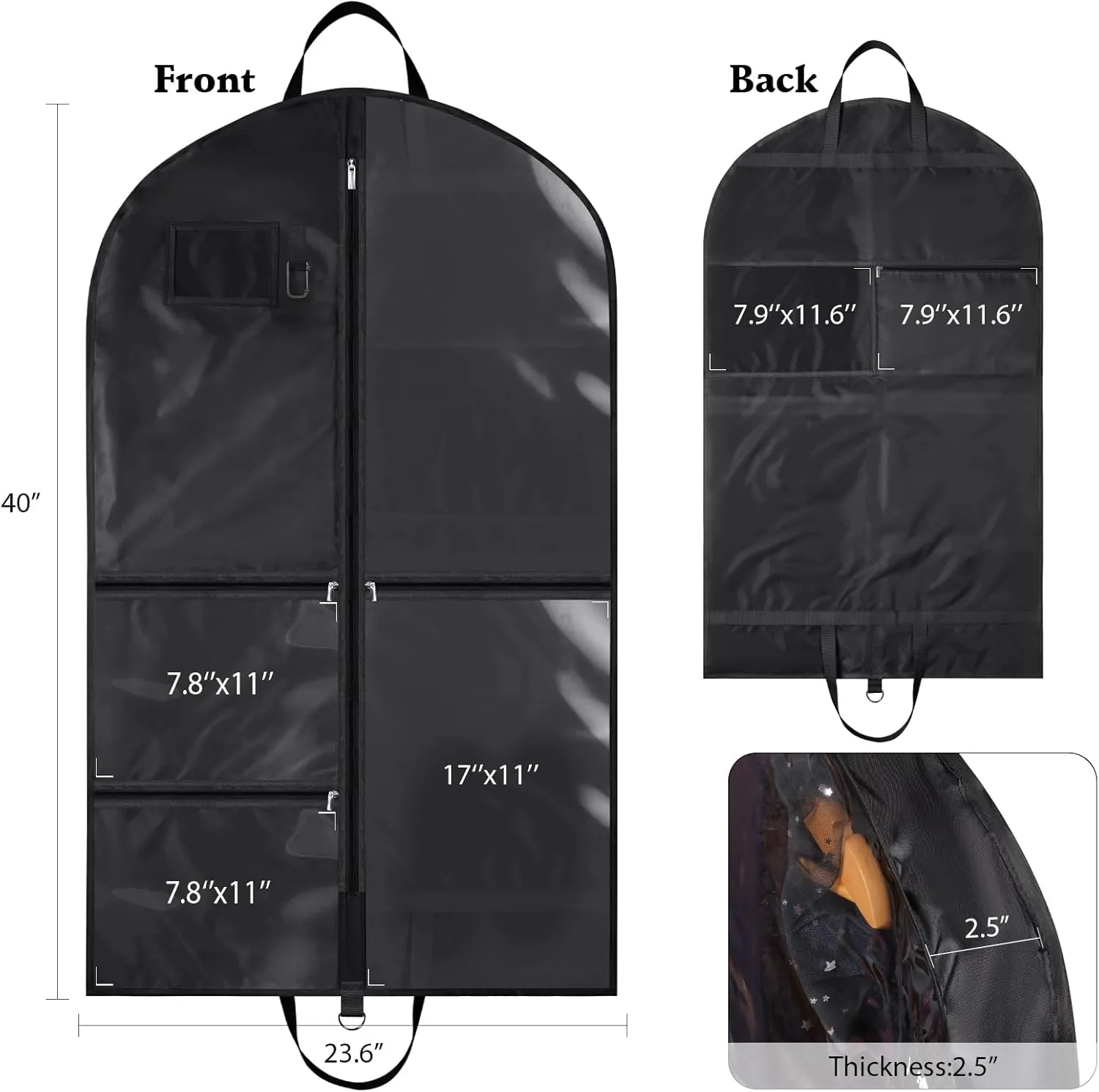 Univivi Dance Costume Garment Bag, 40" Waterproof Hanging Bag for Travel, Kids Clothes Bag With 5 Clear Pockets and Handles for Costumes and Sports, Black