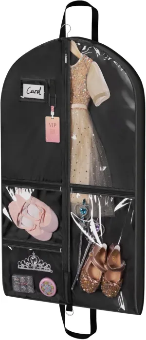 Univivi Dance Costume Garment Bag, 40" Waterproof Hanging Bag for Travel, Kids Clothes Bag With 5 Clear Pockets and Handles for Costumes and Sports, Black