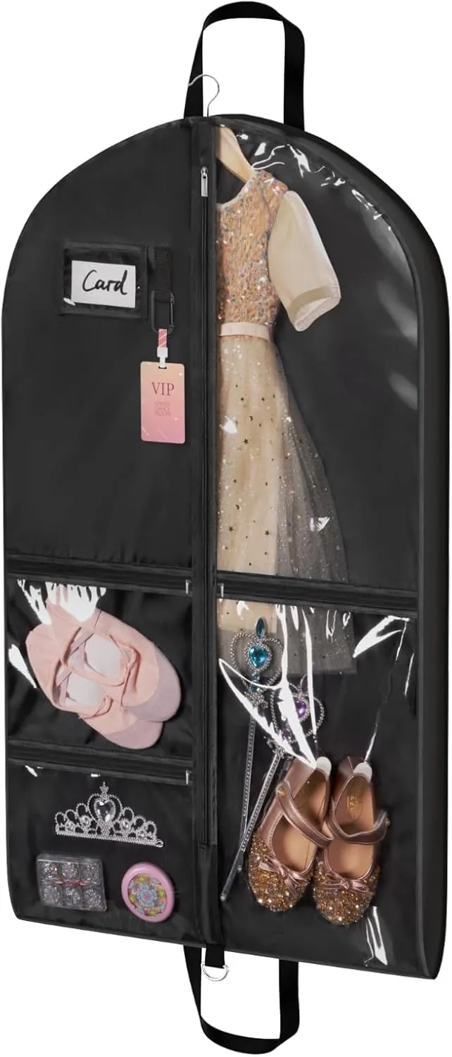 Univivi Dance Costume Garment Bag, 40" Waterproof Hanging Bag for Travel, Kids Clothes Bag With 5 Clear Pockets and Handles for Costumes and Sports, Black
