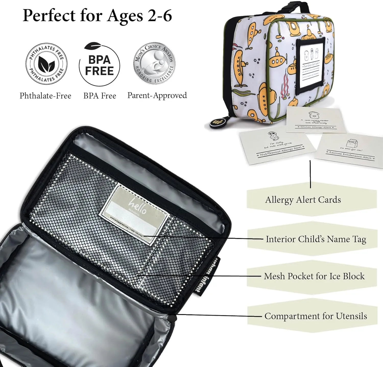 Urban Infant Yummie Kids Lunch Box Insulated Bag - Toddler Boys and Girls – Perfect for Daycare Preschool Travel Snacks – Allergy Alert Cards - Fits Bento Boxes - Traffic