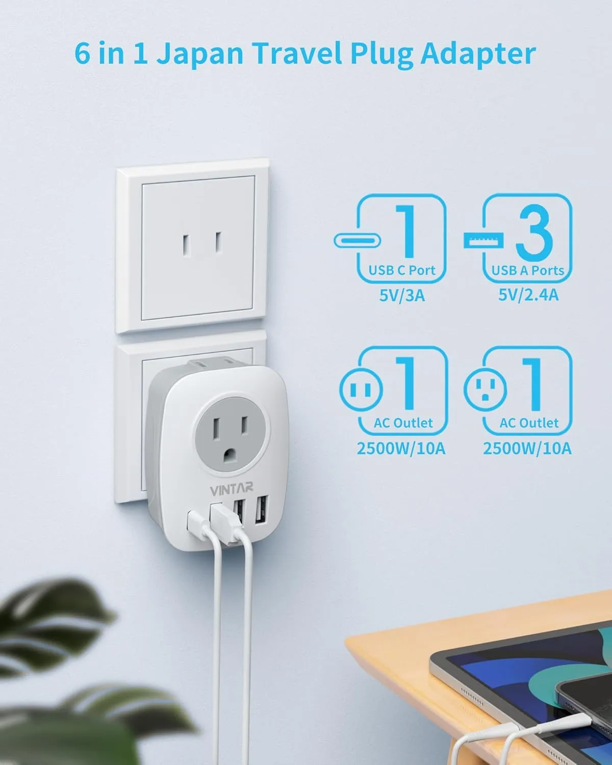 US to Japan Plug Adapter, VINTAR Japan Power Adapter with 1 USB C 3 USB A Ports and 2 American Outlets, 2 Prong to 3 Prong Outlet Adapter for USA to Japan China Canada Philippine, Type A, 3 Pack