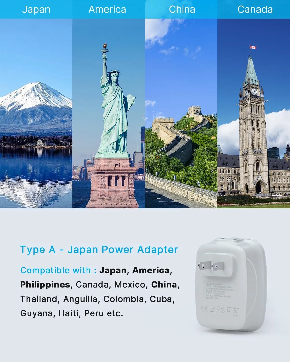 US to Japan Plug Adapter, VINTAR Japan Power Adapter with 1 USB C 3 USB A Ports and 2 American Outlets, 2 Prong to 3 Prong Outlet Adapter for USA to Japan China Canada Philippine, Type A, 3 Pack