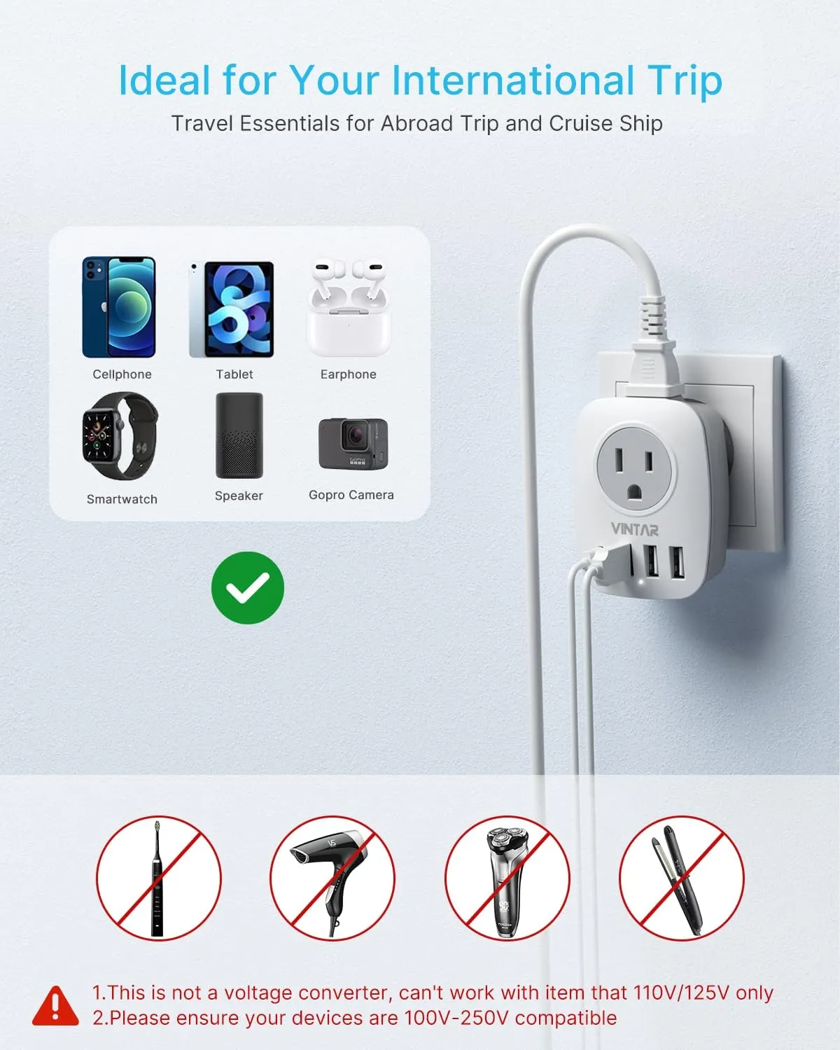 US to Japan Plug Adapter, VINTAR Japan Power Adapter with 1 USB C 3 USB A Ports and 2 American Outlets, 2 Prong to 3 Prong Outlet Adapter for USA to Japan China Canada Philippine, Type A, 3 Pack