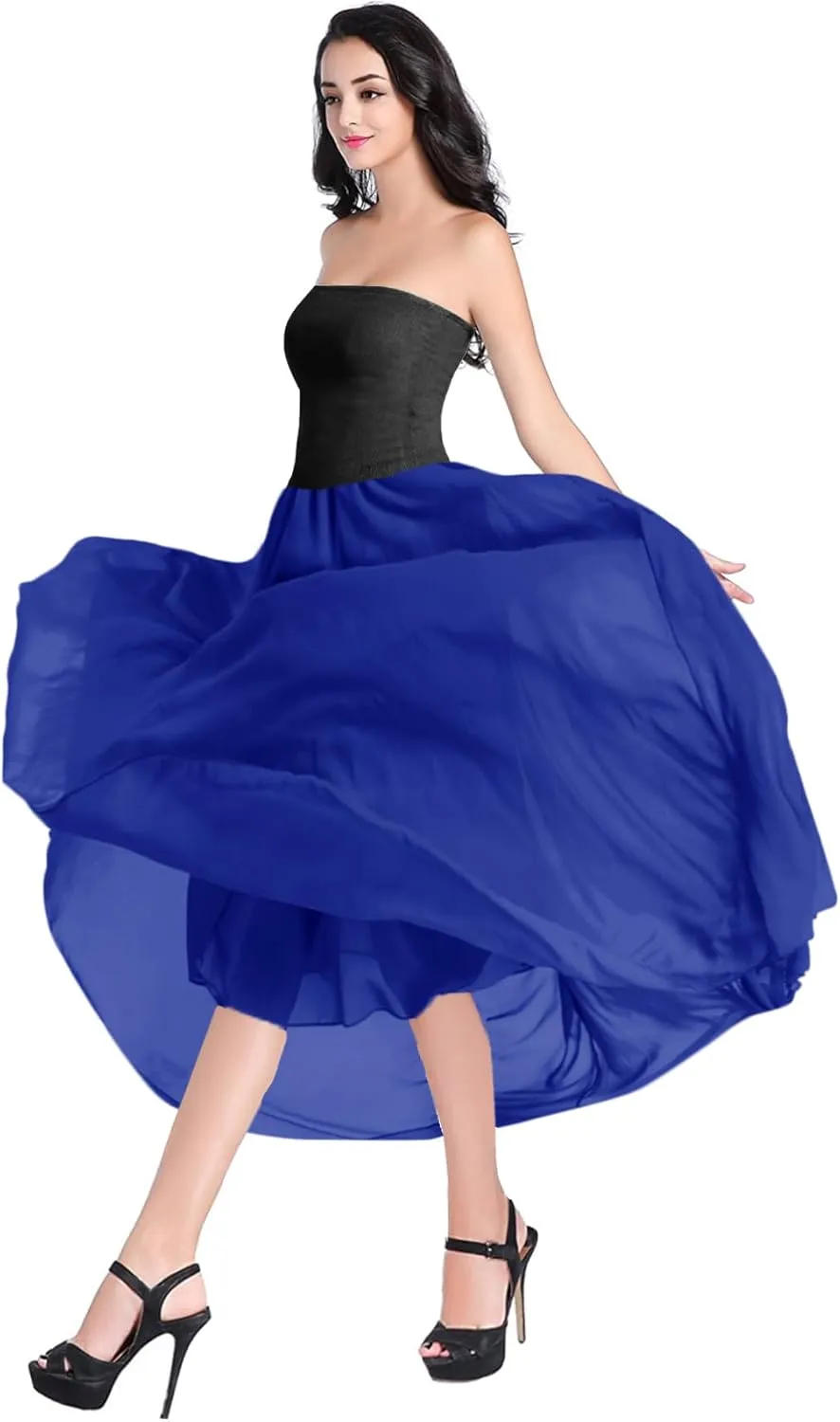v28 Women Full/Ankle Length Elastic Pleated Retro Maxi Chiffon Long Skirt