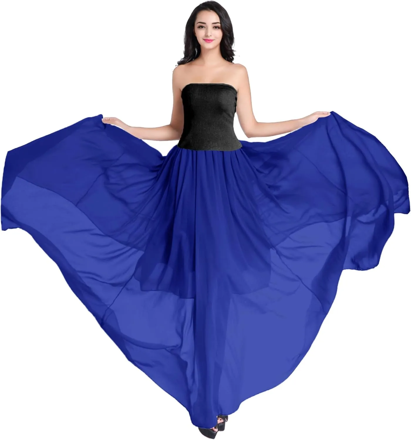 v28 Women Full/Ankle Length Elastic Pleated Retro Maxi Chiffon Long Skirt