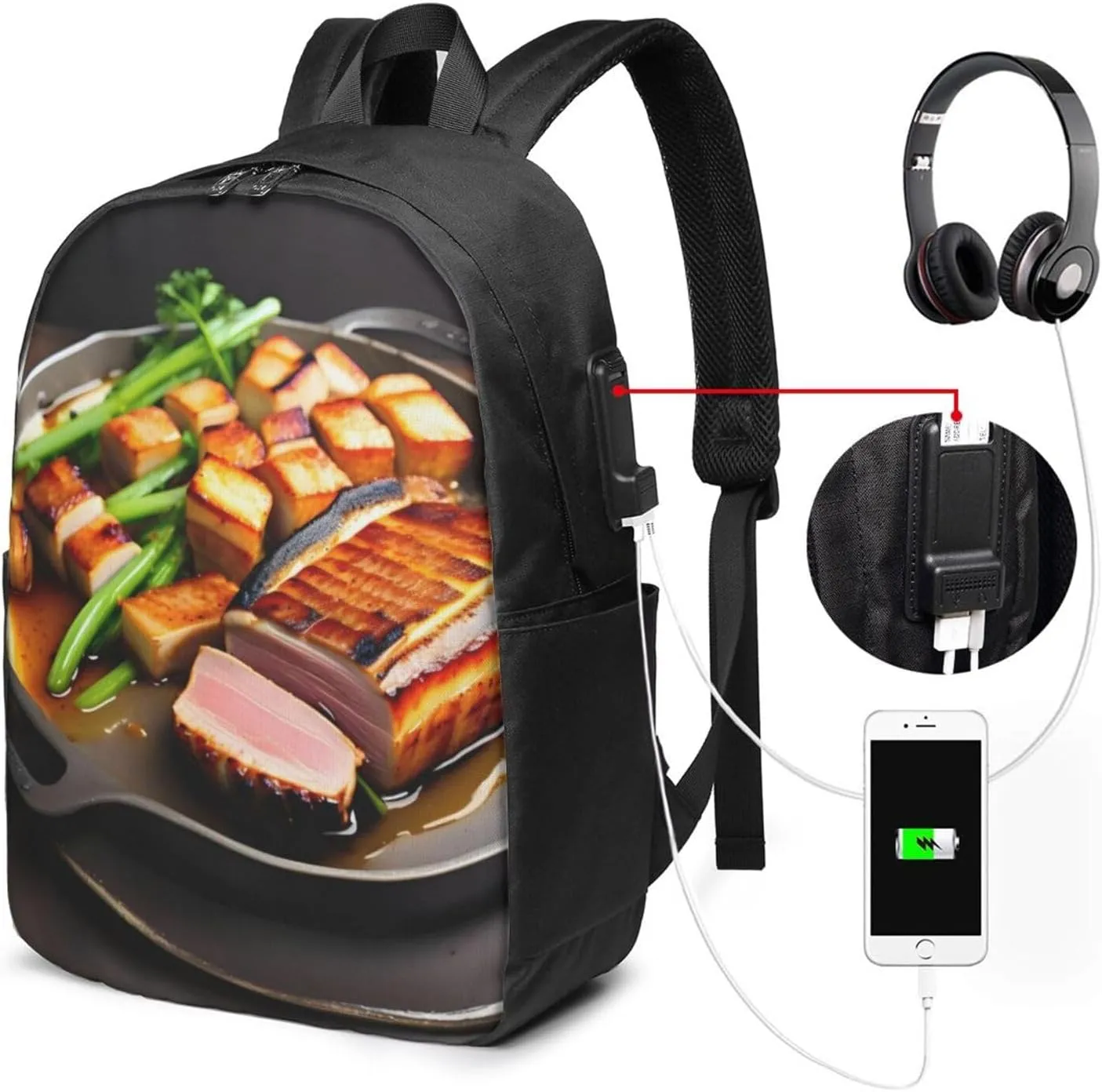 vacsAX Durable Ergonomic Backpack With - Large Capacity With USB Ports - Perfect For Women Men Delicious grilled meat