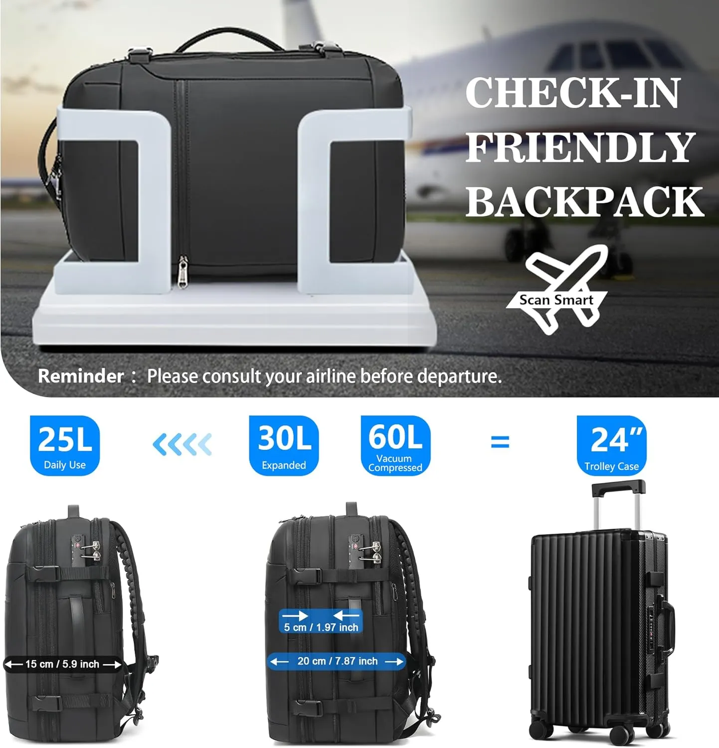 Vacuum Backpack Travel, Airback Vacuum Seal Compression Travel Backpack 60L Expandable, The Spacevac Pro Laptop Backpack Water Resistant TSA Lock Carry On Luggage with Vacuum Pump, Black