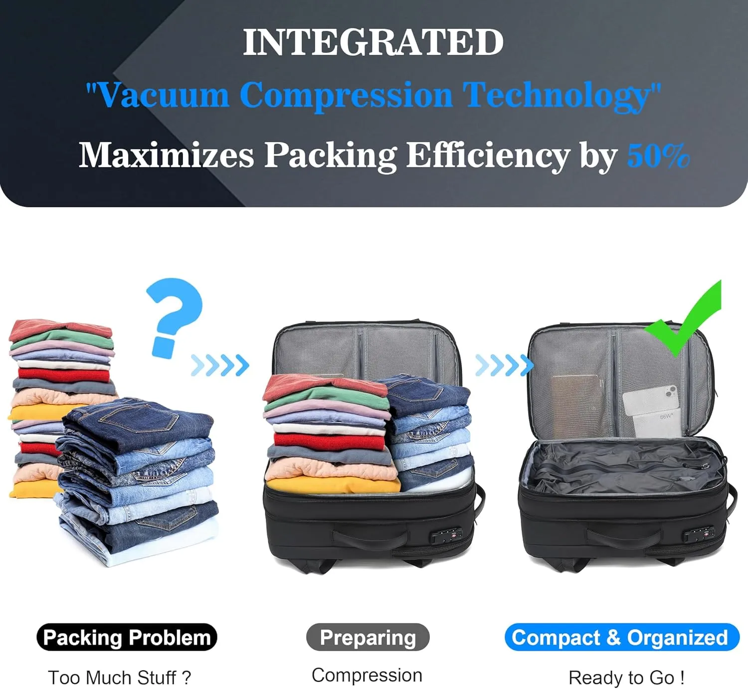 Vacuum Backpack Travel, Airback Vacuum Seal Compression Travel Backpack 60L Expandable, The Spacevac Pro Laptop Backpack Water Resistant TSA Lock Carry On Luggage with Vacuum Pump, Black