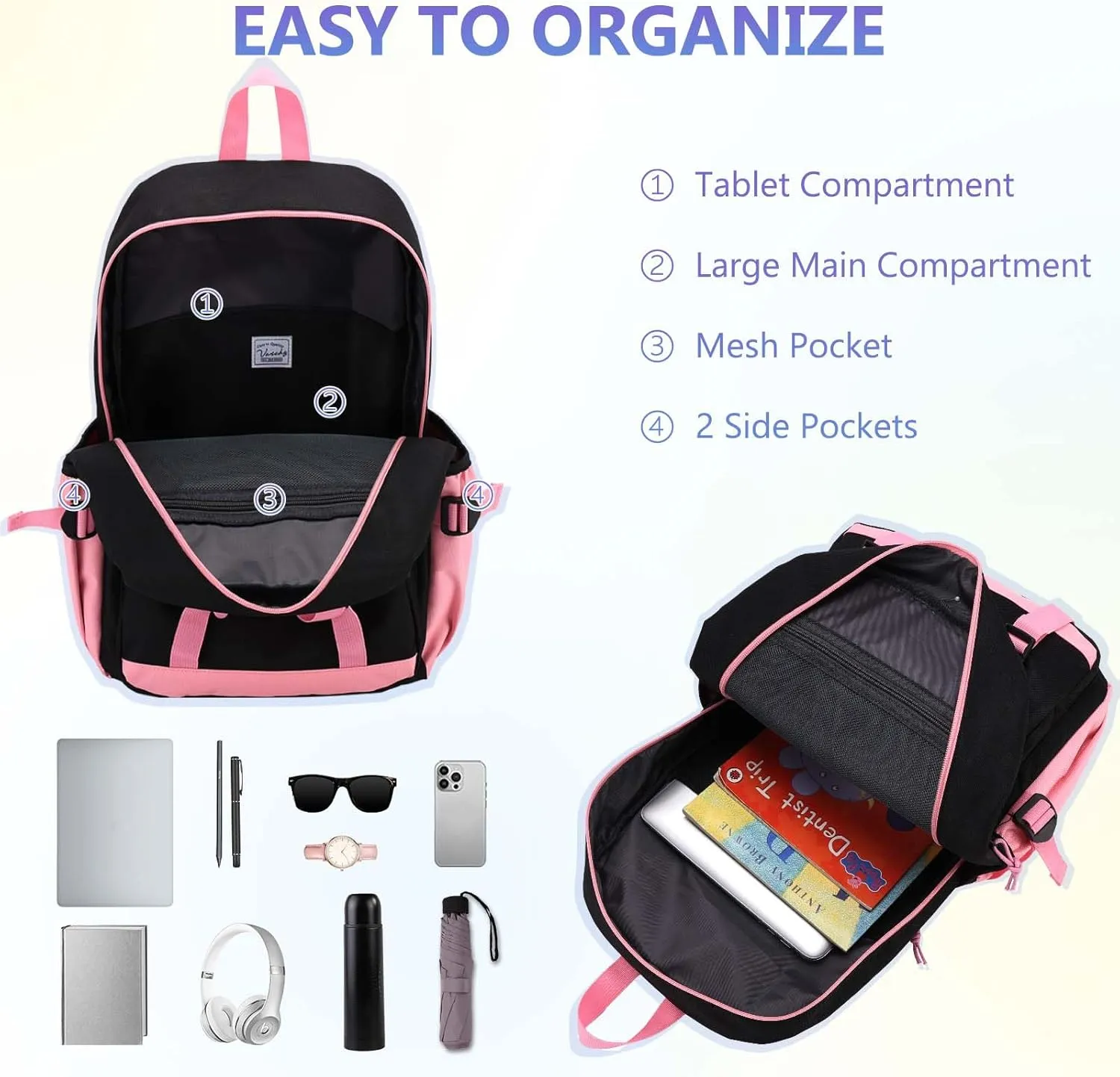 VASCHY Backpack for Girls, Cute Elementary School Bag Bookbag for Primary Schooler Kids with Sparkling Sequin Clear Pocket Black Pink