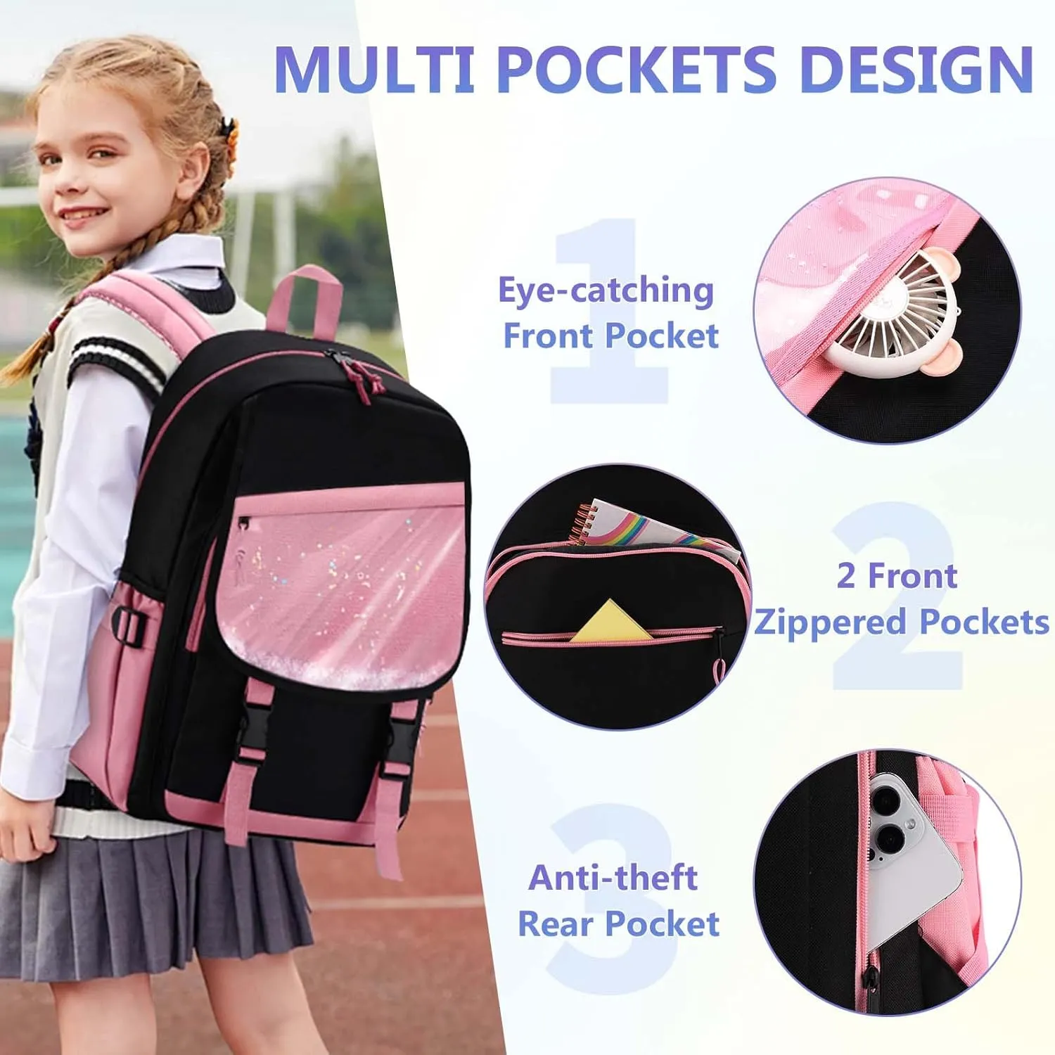 VASCHY Backpack for Girls, Cute Elementary School Bag Bookbag for Primary Schooler Kids with Sparkling Sequin Clear Pocket Black Pink