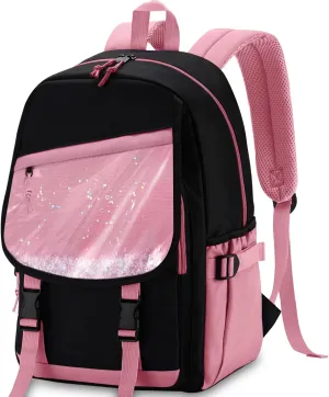 VASCHY Backpack for Girls, Cute Elementary School Bag Bookbag for Primary Schooler Kids with Sparkling Sequin Clear Pocket Black Pink