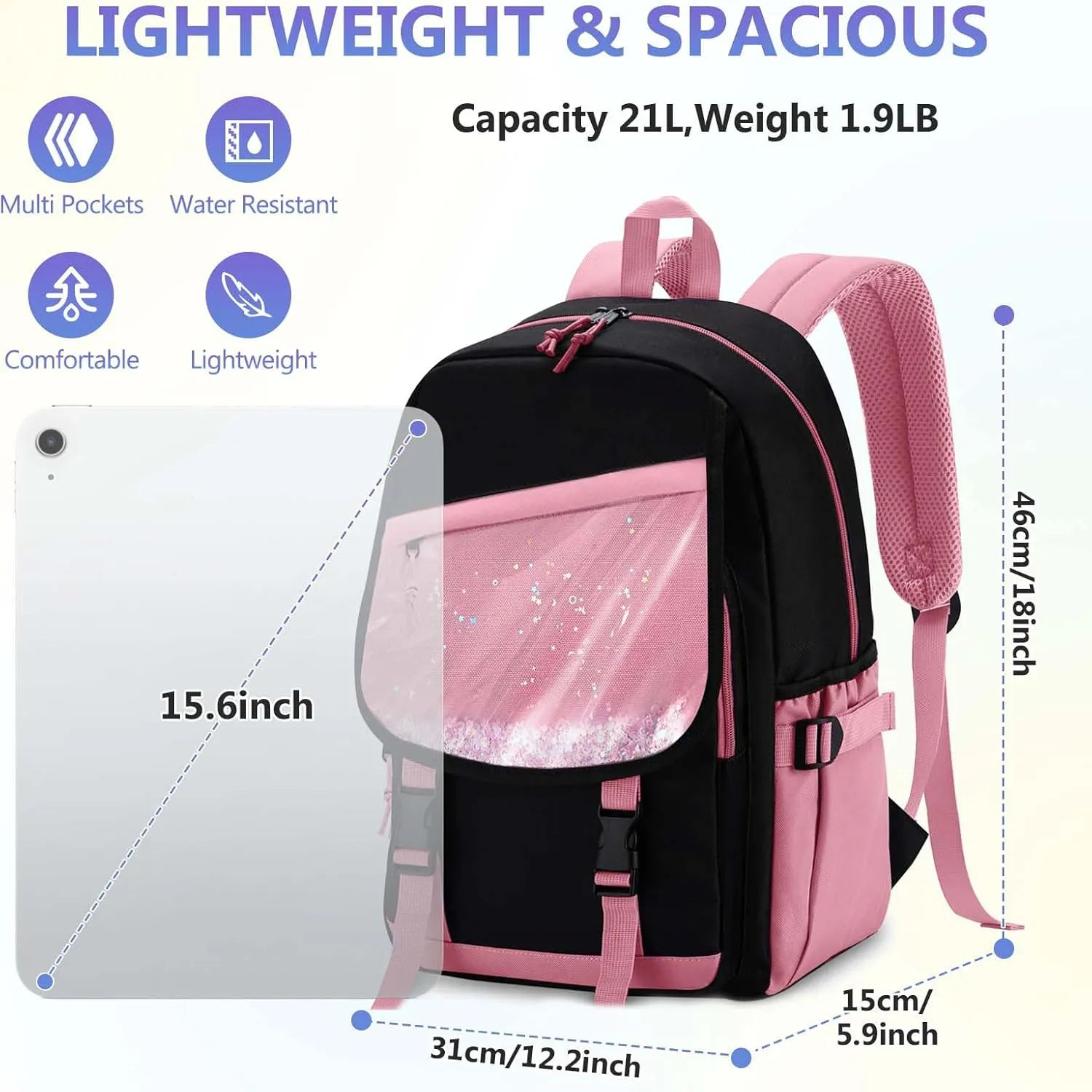 VASCHY Backpack for Girls, Cute Elementary School Bag Bookbag for Primary Schooler Kids with Sparkling Sequin Clear Pocket Black Pink