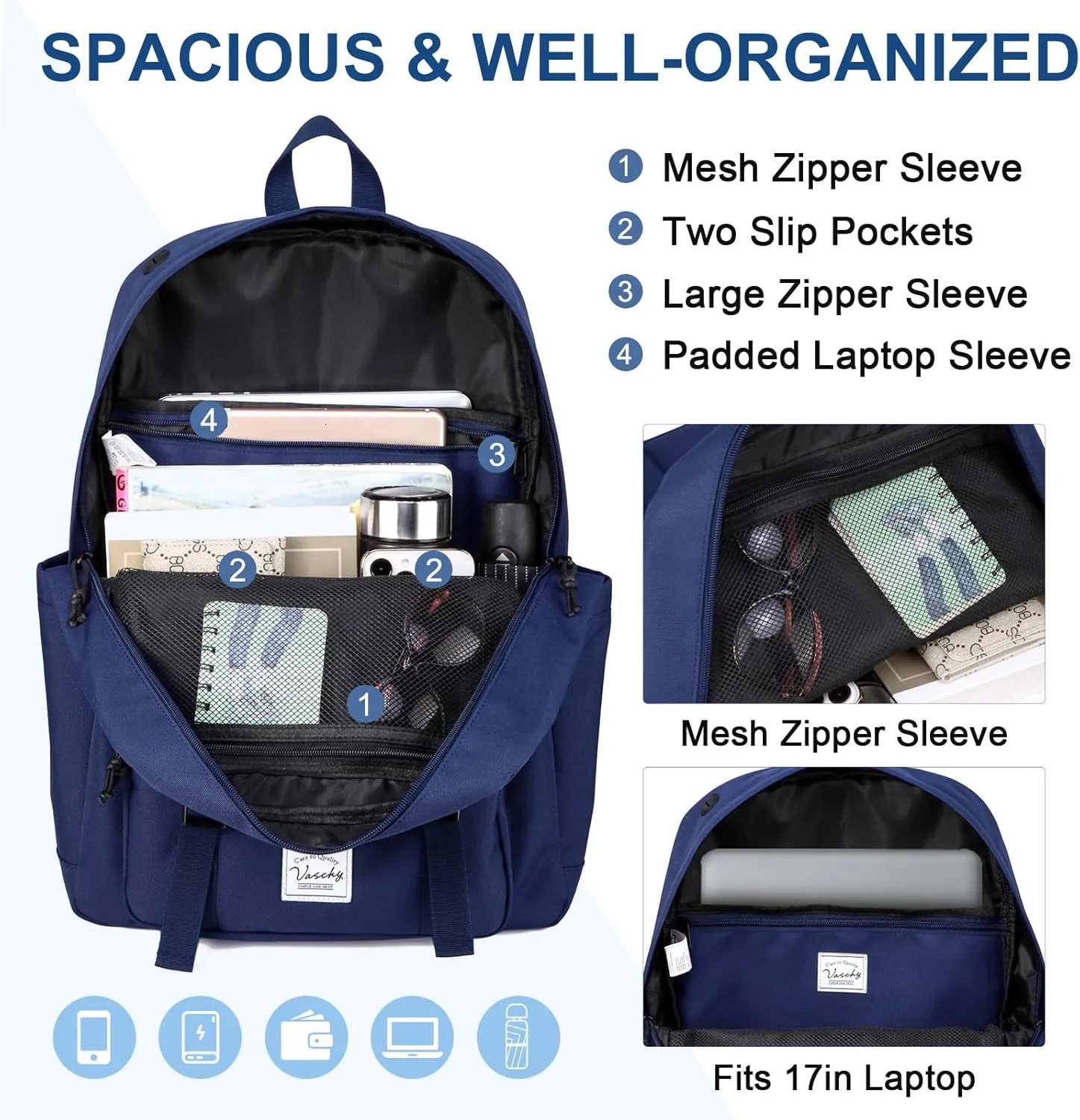 VASCHY Backpack for Men, Unisex Large Fashion Schoolbag Book bag Rucksack for High School/University/Work/Travel/Commuter Blue