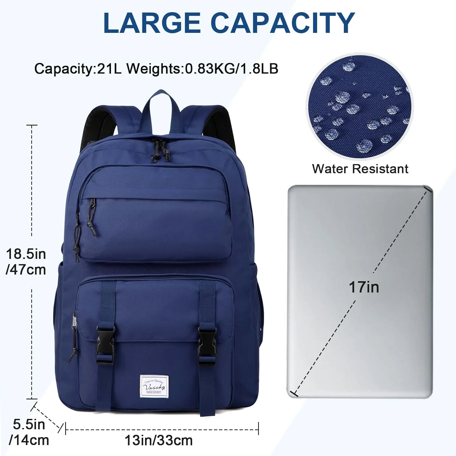 VASCHY Backpack for Men, Unisex Large Fashion Schoolbag Book bag Rucksack for High School/University/Work/Travel/Commuter Blue
