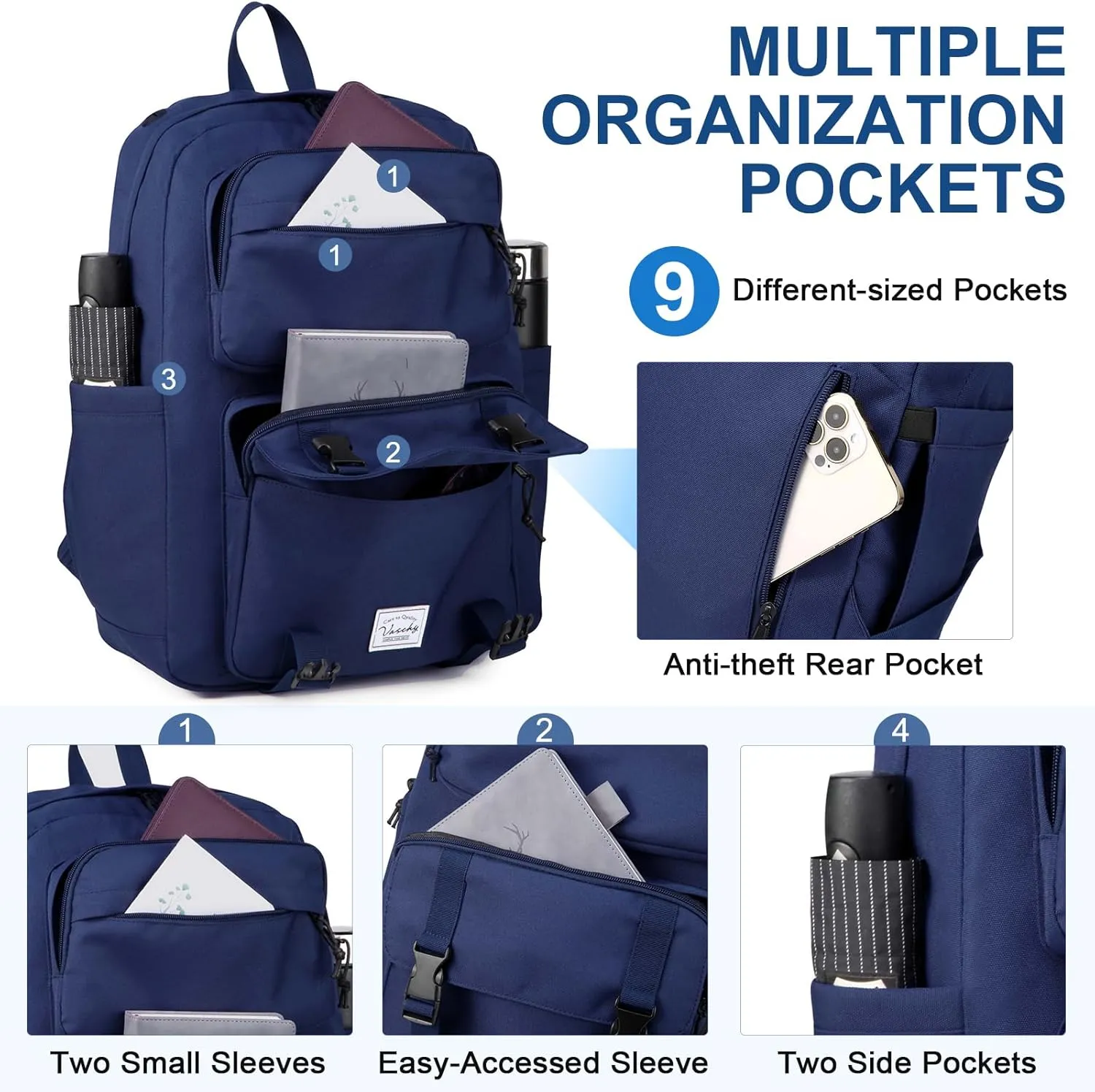 VASCHY Backpack for Men, Unisex Large Fashion Schoolbag Book bag Rucksack for High School/University/Work/Travel/Commuter Blue