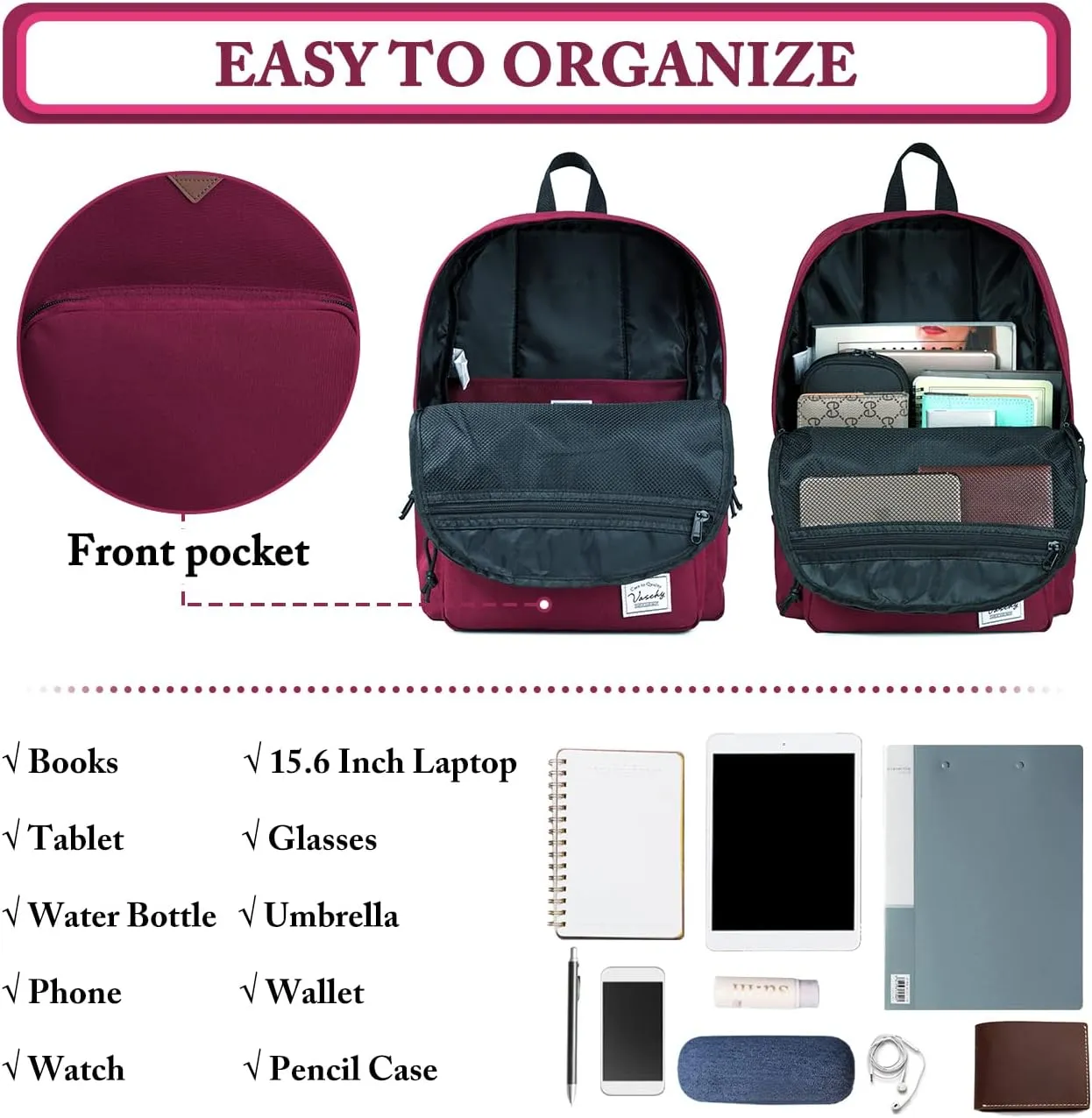 VASCHY School Backpack, Ultra Lightweight Backpack for Women Bookbag for Kids Teen Boys Girls Burgundy