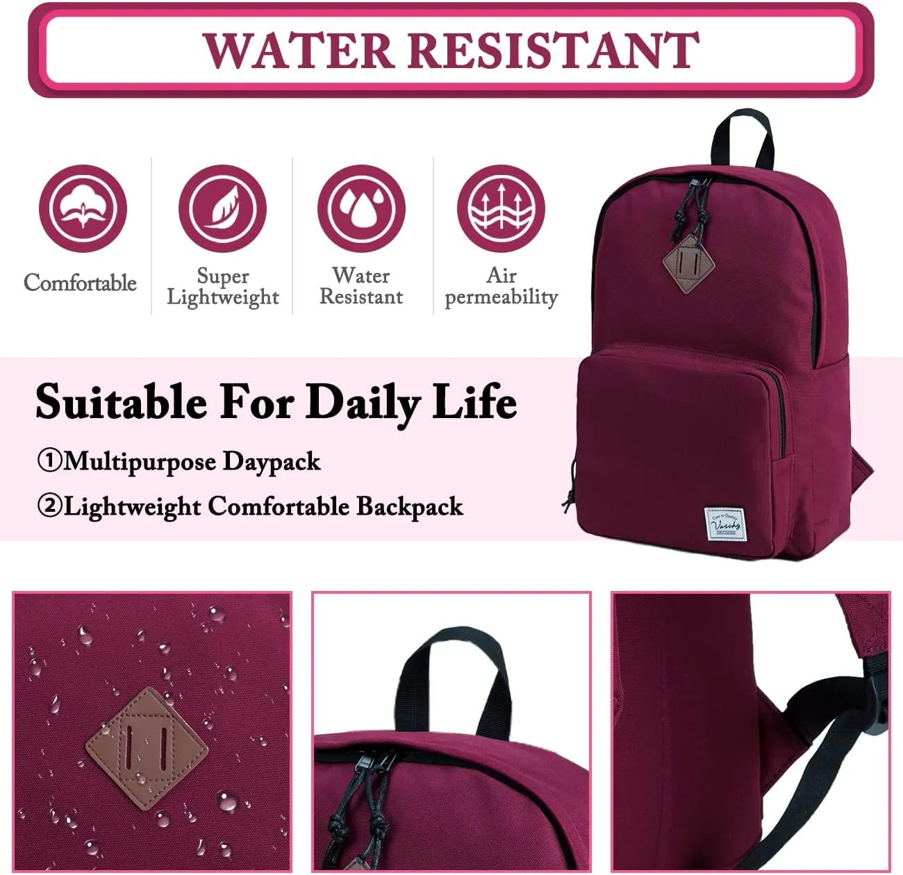 VASCHY School Backpack, Ultra Lightweight Backpack for Women Bookbag for Kids Teen Boys Girls Burgundy