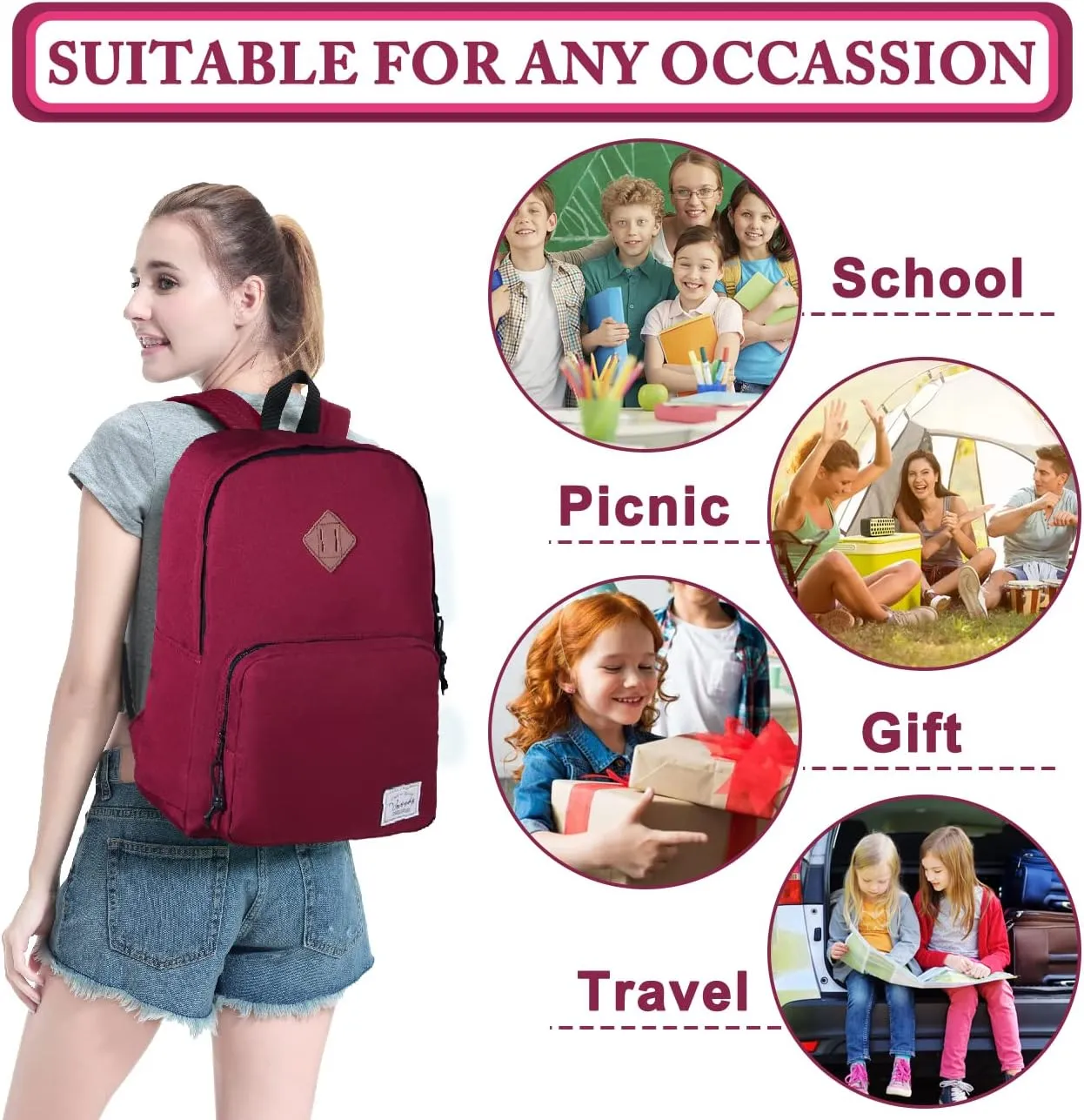 VASCHY School Backpack, Ultra Lightweight Backpack for Women Bookbag for Kids Teen Boys Girls Burgundy