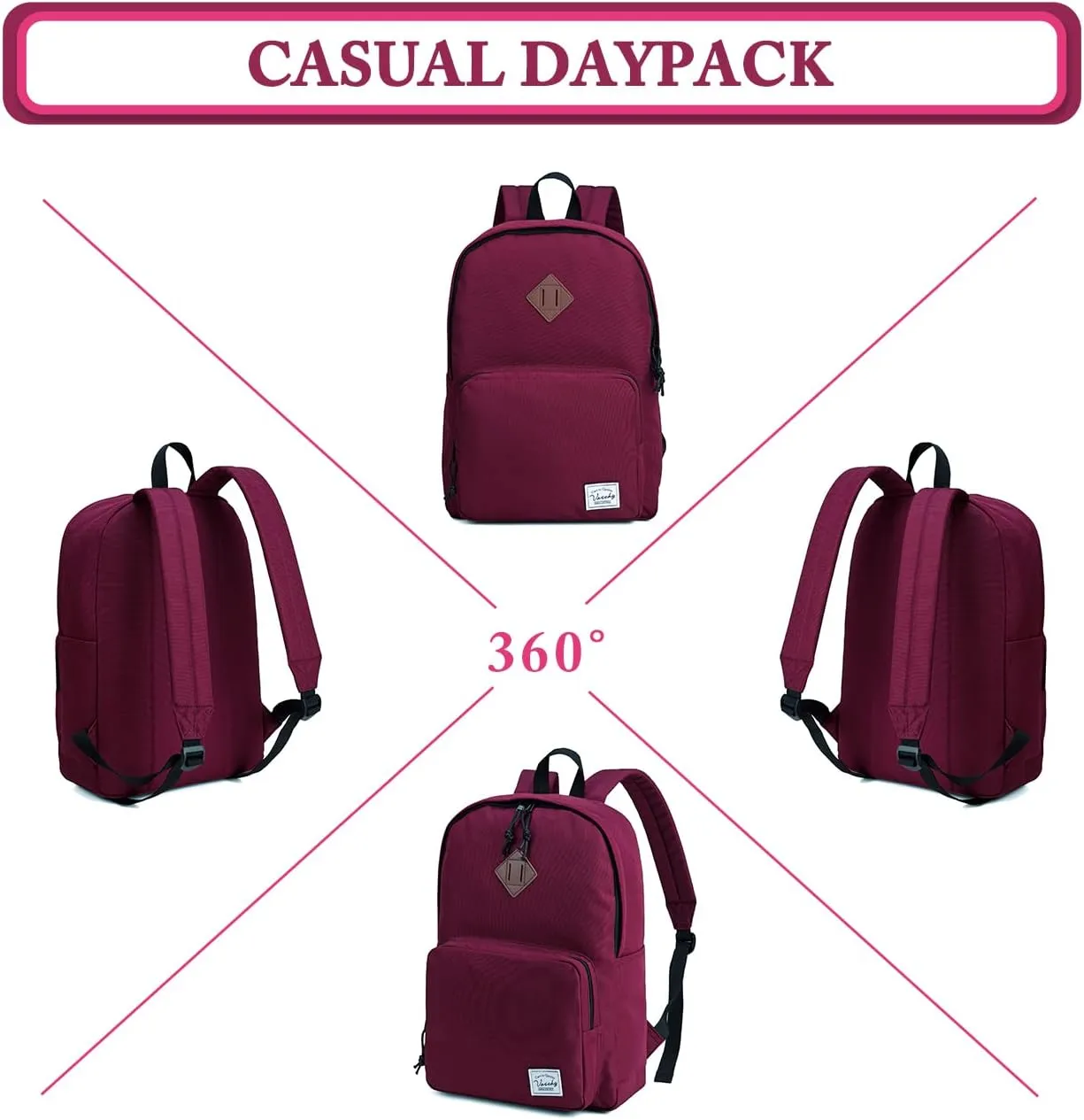 VASCHY School Backpack, Ultra Lightweight Backpack for Women Bookbag for Kids Teen Boys Girls Burgundy
